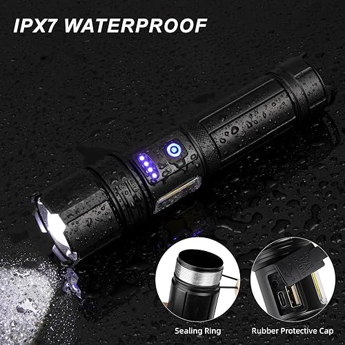Miniatura 5 de Linterna LED recargable, linterna súper brillante de 99,000 lúmenes altos, 7 modos, luz lateral COB y potente linterna impermeable IPX7, luz de