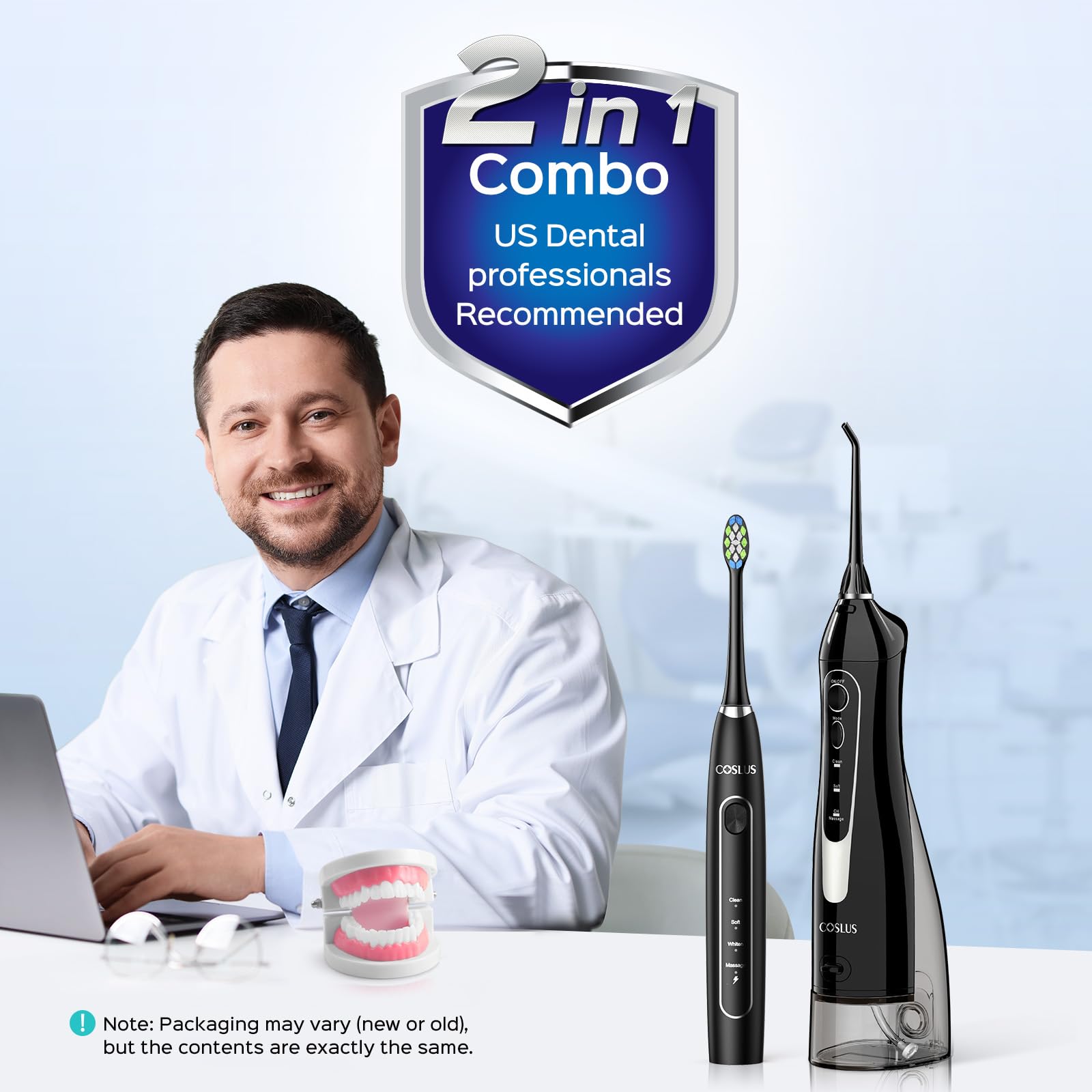 COSLUS Hydropulseur portable C20 et C41 avec brosse à dents électrique : kit de nettoyage buccal 2 en 1 pour dents, appareils dentaires, soins des gencives – Brossage et soie dentaire pour adultes