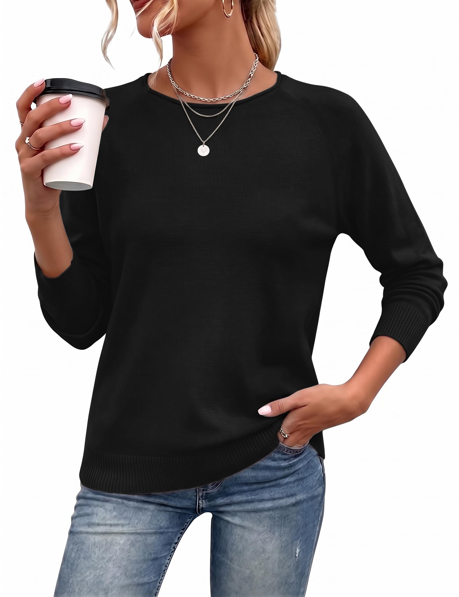 Marvmys Damen Strickpullover Winter Rundhals Langarm Raglan Basic Pullover | Raglanärmel, Rundhals, glatte Strickoptik