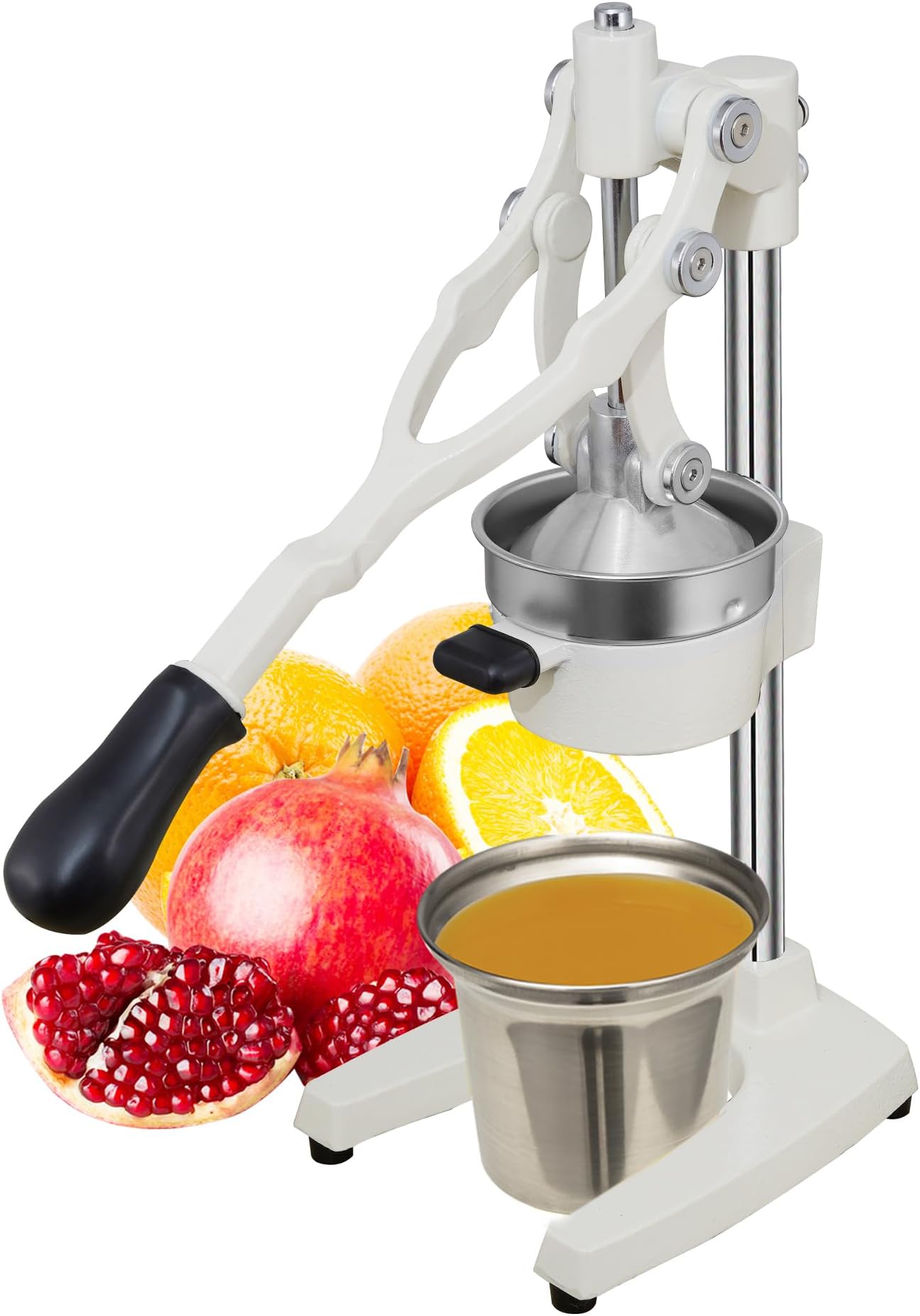19 Inch Height Extra Tall Commercial Heavy Duty Cast Iron Hand Press Manual Orange Citrus Lemon Lime Grapefruit Pomegranate Fruit Juice Squeezer Machine with Stainless Steel Cup White