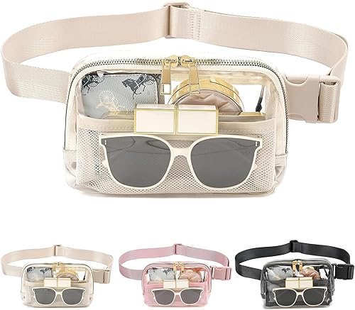 Riñonera transparente a prueba de agua aprobada para estadios con correa ajustable, festivales, senderismo, conciertos y viajes, Beige