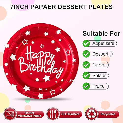 Miniatura 2 de Platos de papel para fiesta de cumpleaños, platos de postre desechables de cumpleaños rojos, 50 unidades de suministros de fiesta de 7 pulgadas,