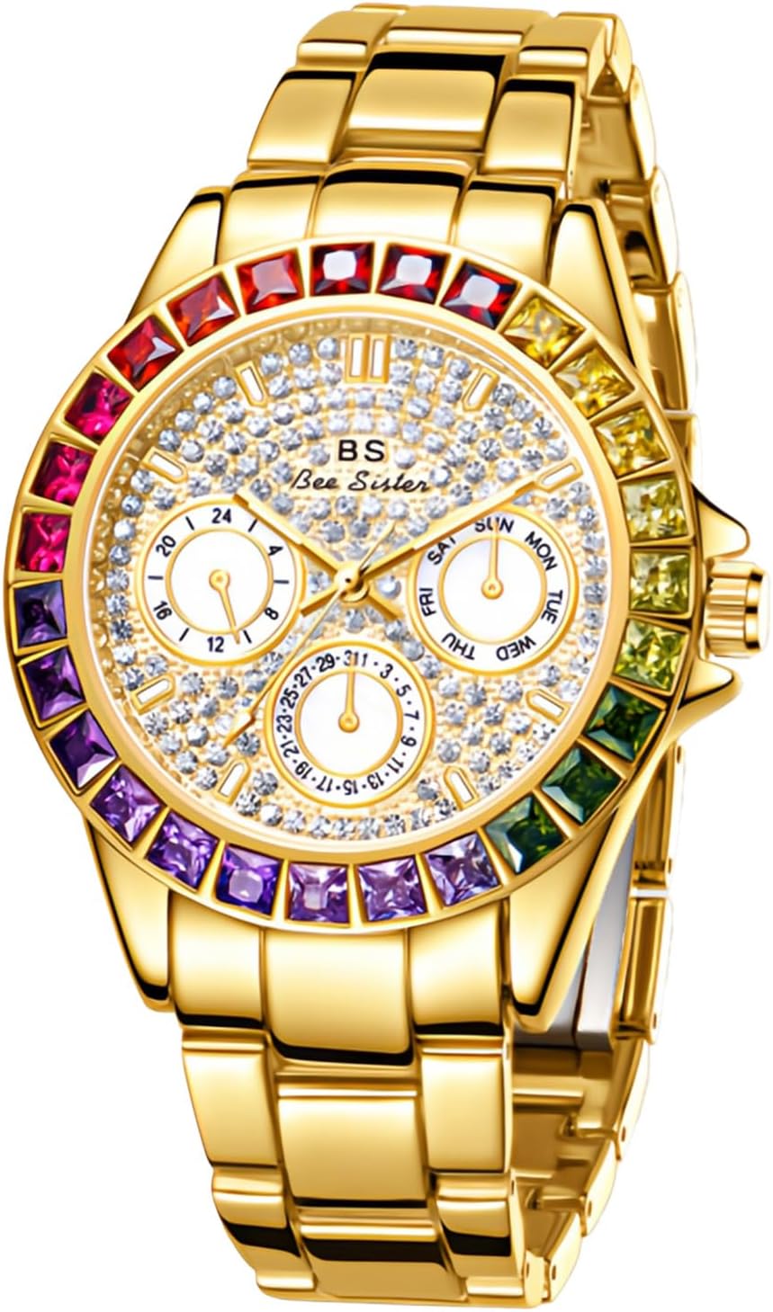 MASTOP Women's Luxury Quartz Watch Waterproof Rainbow Color Design Round Dial Stainless Steel Band
