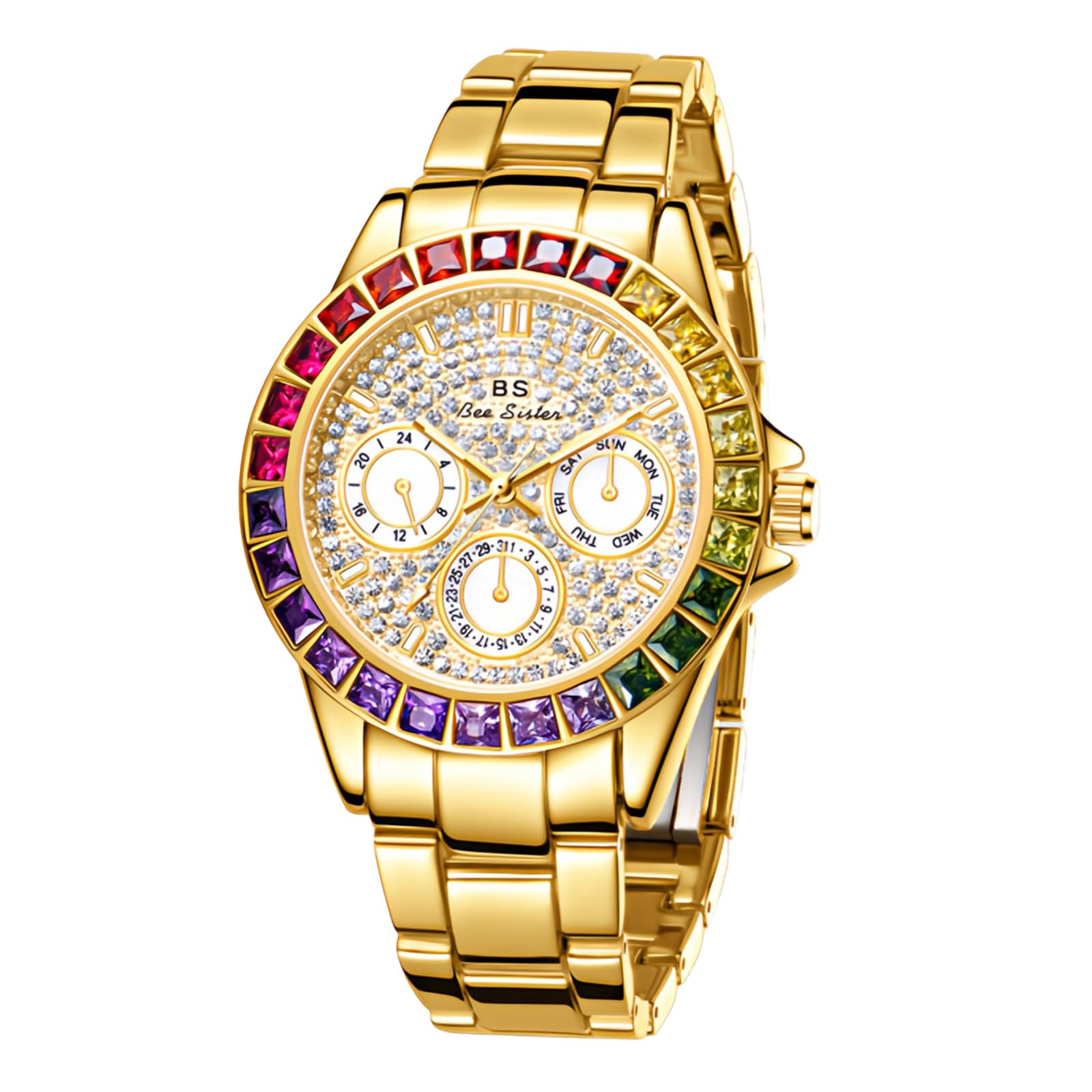 MASTOP Women's Luxury Quartz Watch Waterproof Rainbow Color Design Round Dial Stainless Steel Band