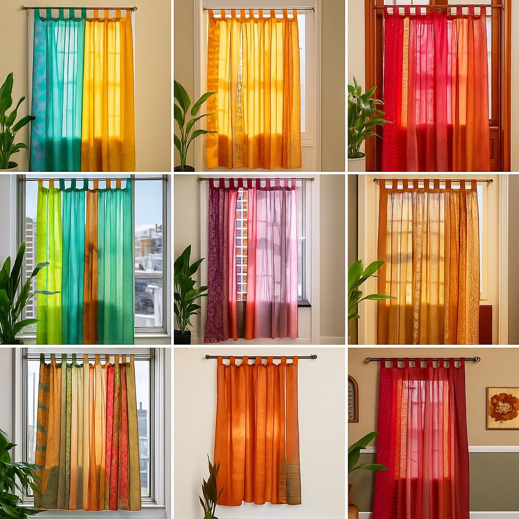 Assorted Sari Hippie Colorful Vintage Old Sari Curtains, Boho Patchwork Light-Filtering Window Treatment Saree, Silk Blend, 83" L x 43" W (Yellow)