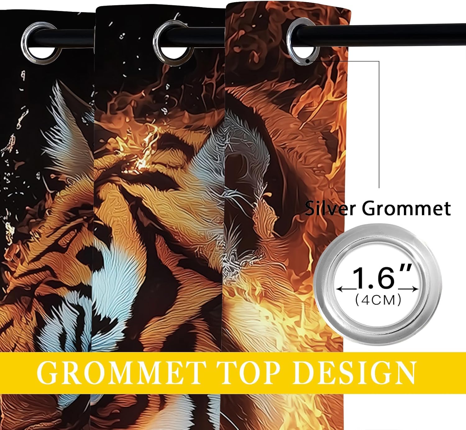 Ferocious Tiger Blackout Curtains for Girls Boy Home Decor, Kids 3D Tiger Fantasy Wild Animal Grommet Thermal Insulated Drapes Darkening Window Curtain for Bedroom Living Room, 72 x 63 Inch