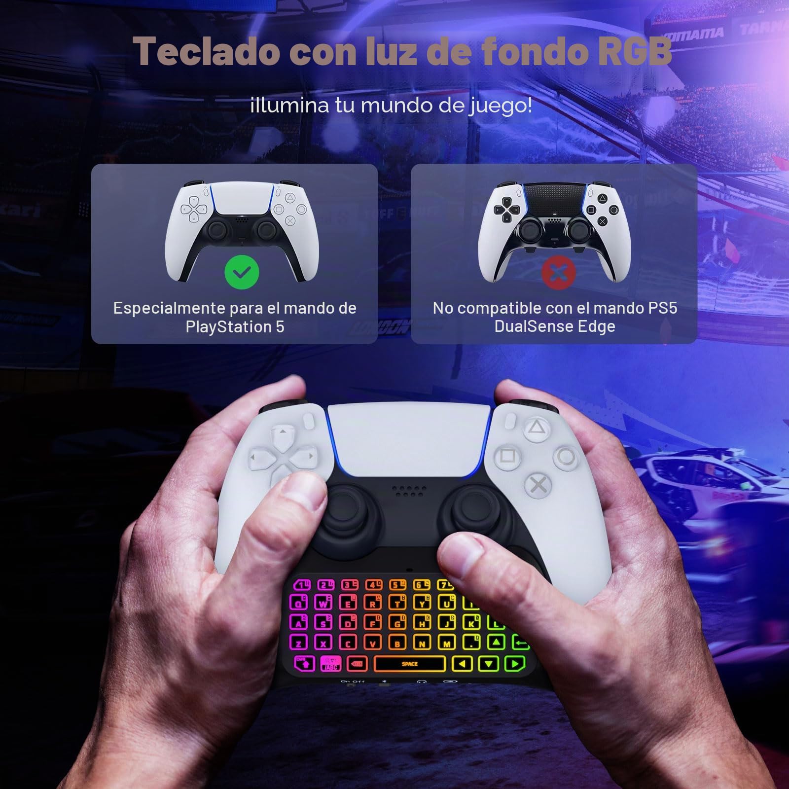 MoKo Teclado Inalámbrico con Retroiluminación RGB para Mando PS5, Mini Teclado Bluetooth para PlayStation 5 con Luz Colorida Altavoz Integrado Mejorado y Conector de Audio de 3,5 mm PS5 Accesorios