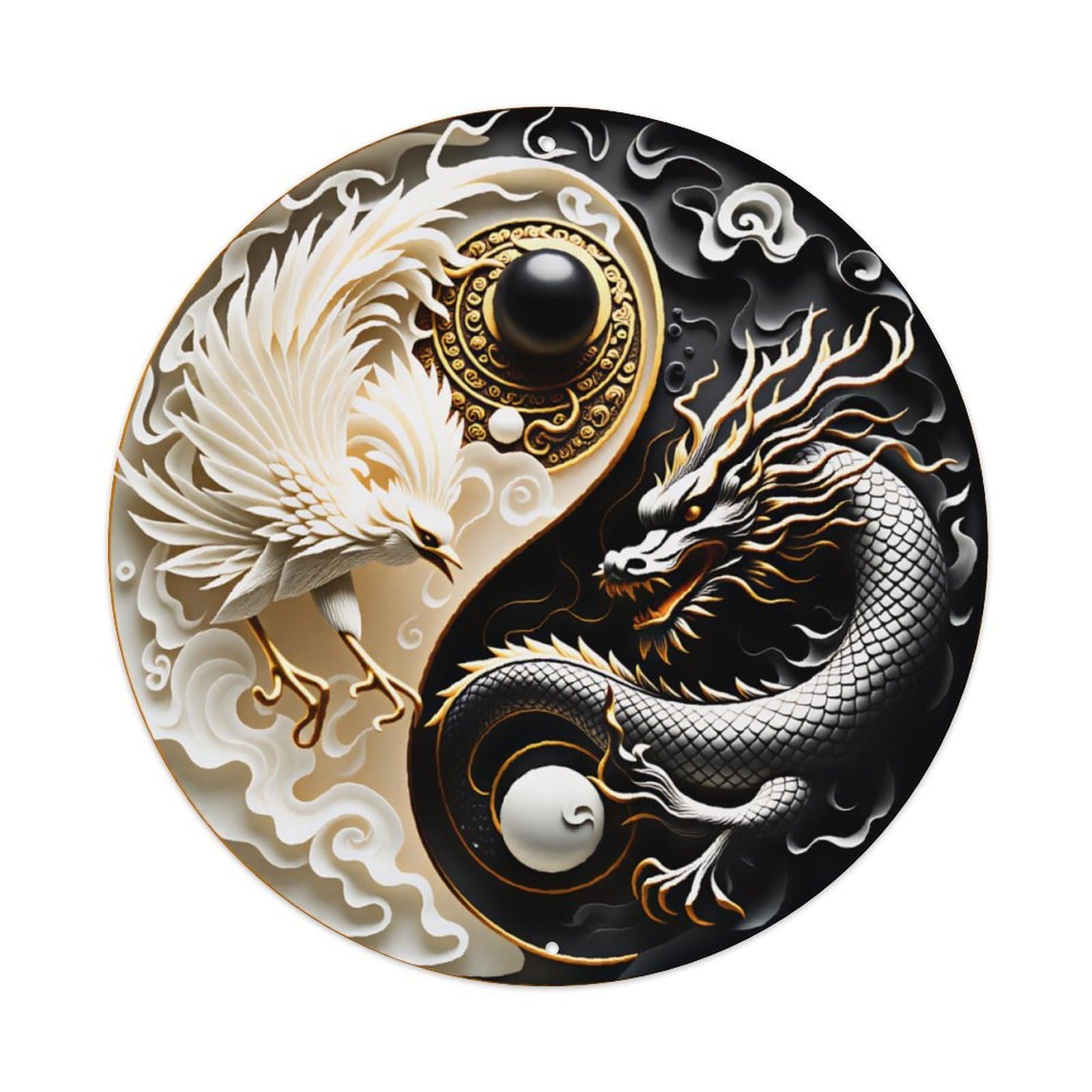 Yin Yang Dragon Phoenix Oriental Wall Sign Vintage Aluminium Metal Sign, Retro Wall Decor for Home, Bar, Garage & Farmhouse 20x20cm