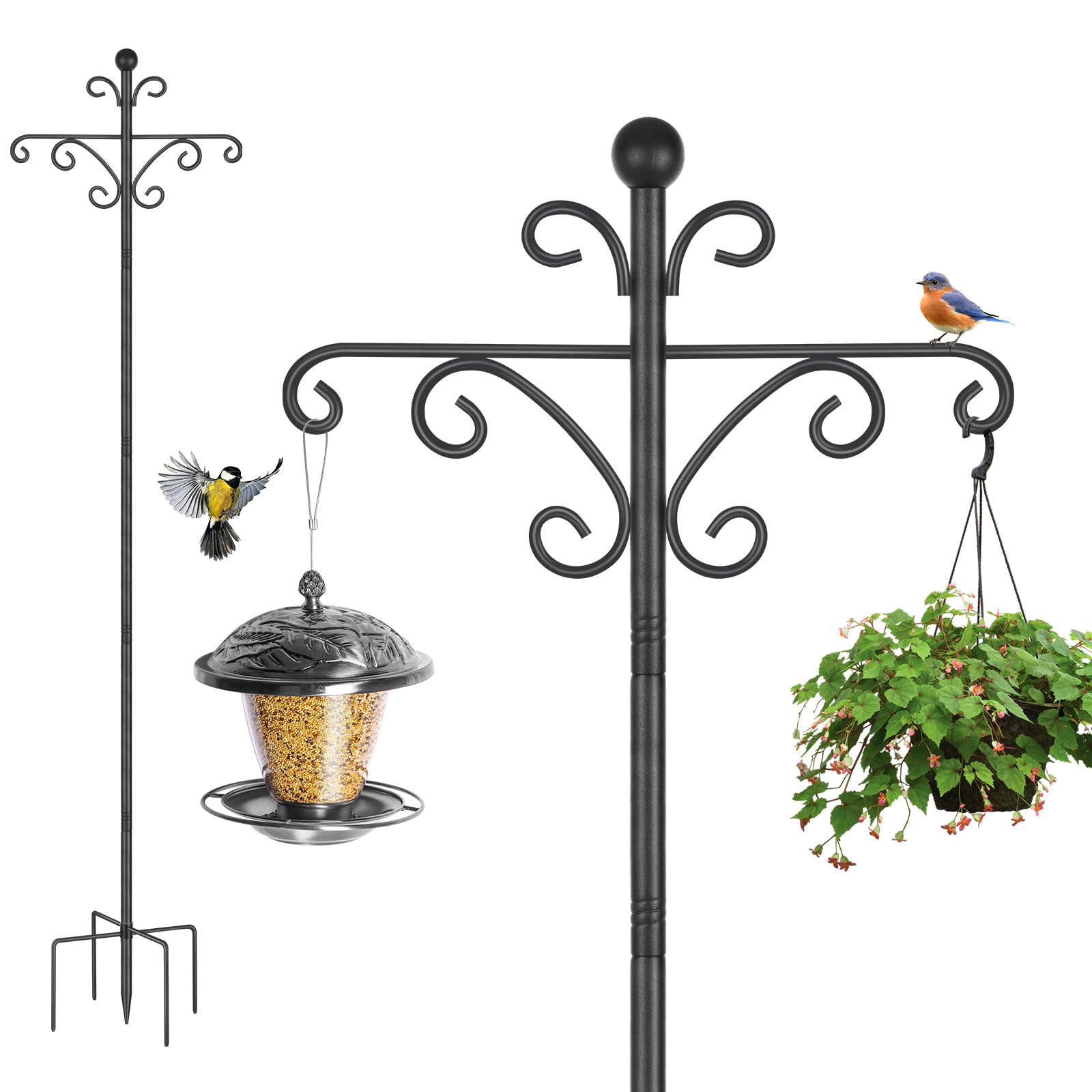 Bird Feeders Hanging Station, 196cm Bird Feeder Poles, Feeding Station Stand for Garden, Heavy Duty Metal Double Shepherds Hooks Crooks for Solar Lights,Baskets, 1 Pack
