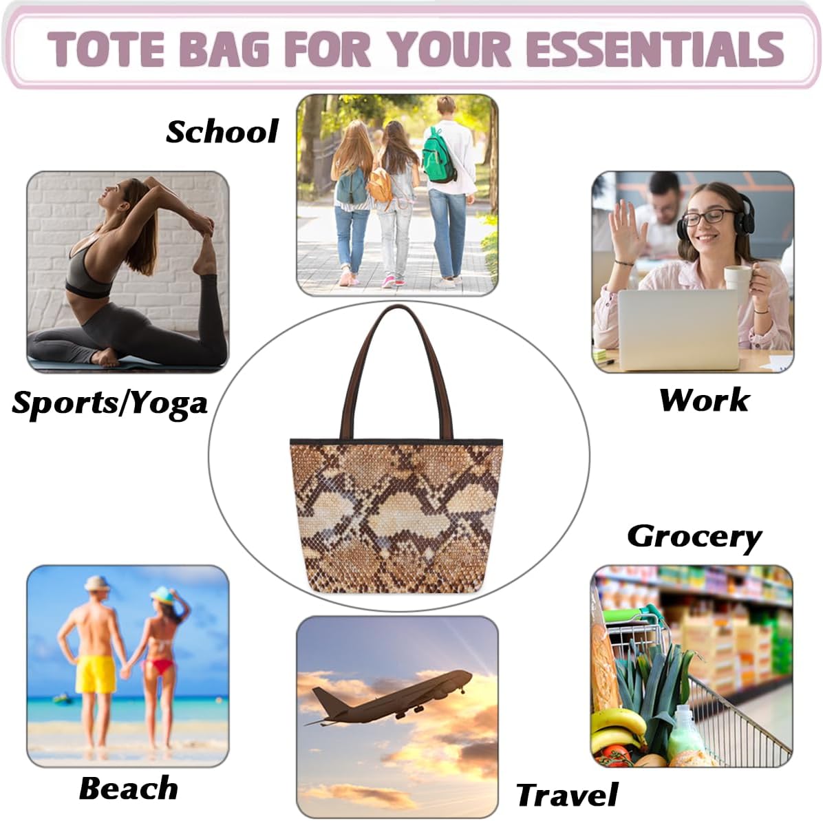 Python Snake Skin Tote Bag Tote Purse for Women with Zipper Large - Image 6