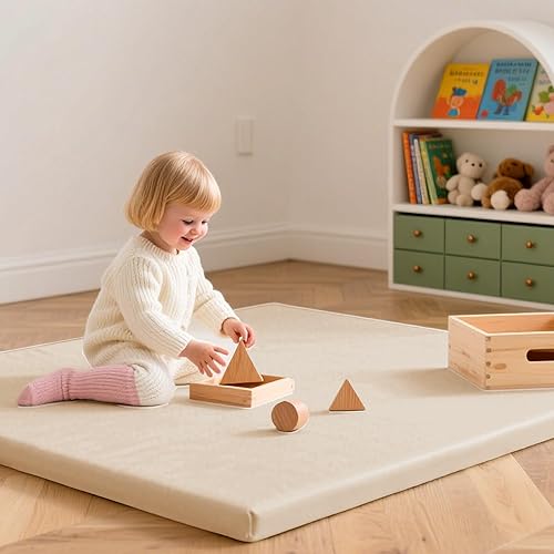 Miniatura 8 de Tapete de juego para bebé de 50 x 50 pulgadas, acolchado impermeable de 1.3 pulgadas de grosor, tapete para corral de juegos con cuero vegano,