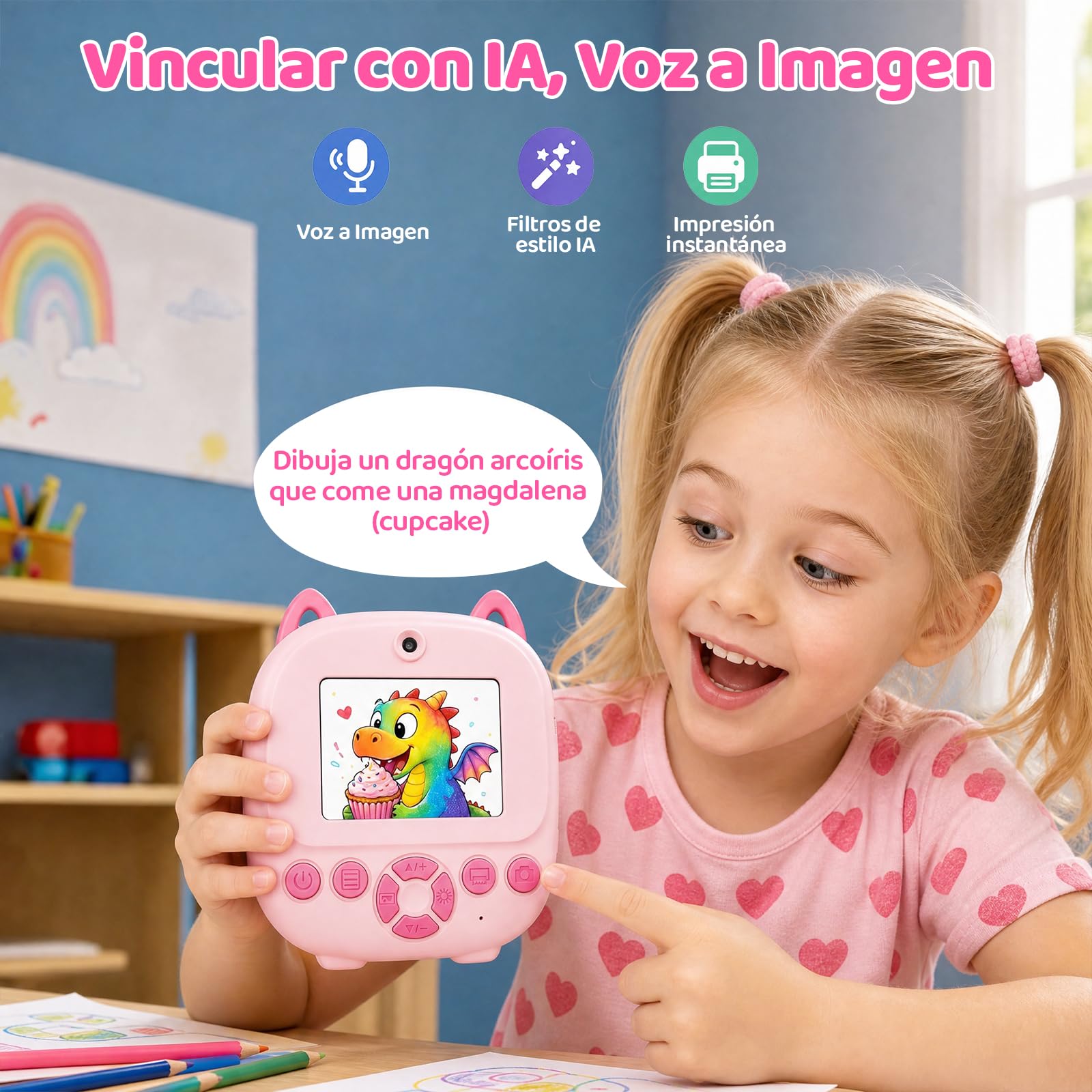 CHAKEYAKE Camara Fotos Infantil Instantanea, Reconocimiento de Voz e Imagen AI, Cámara Digital Infantil 2.4 Pulgadas, Fotografía y Vídeo, Pegatinas Creativas, Filtros, Regalo para Niños Niñas, Rosa