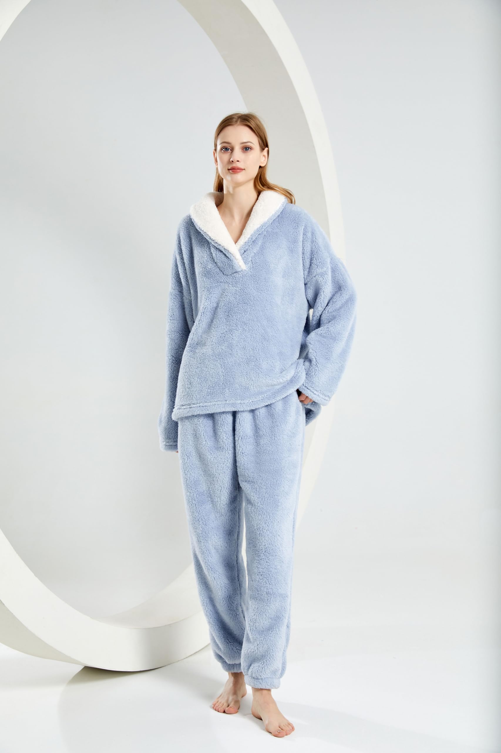 Famulily Conjunto de pijama de forro polar para mujer, cuello de chal, mullido, suave, acogedor, parte inferior esponjosa, ropa de dormir para invierno