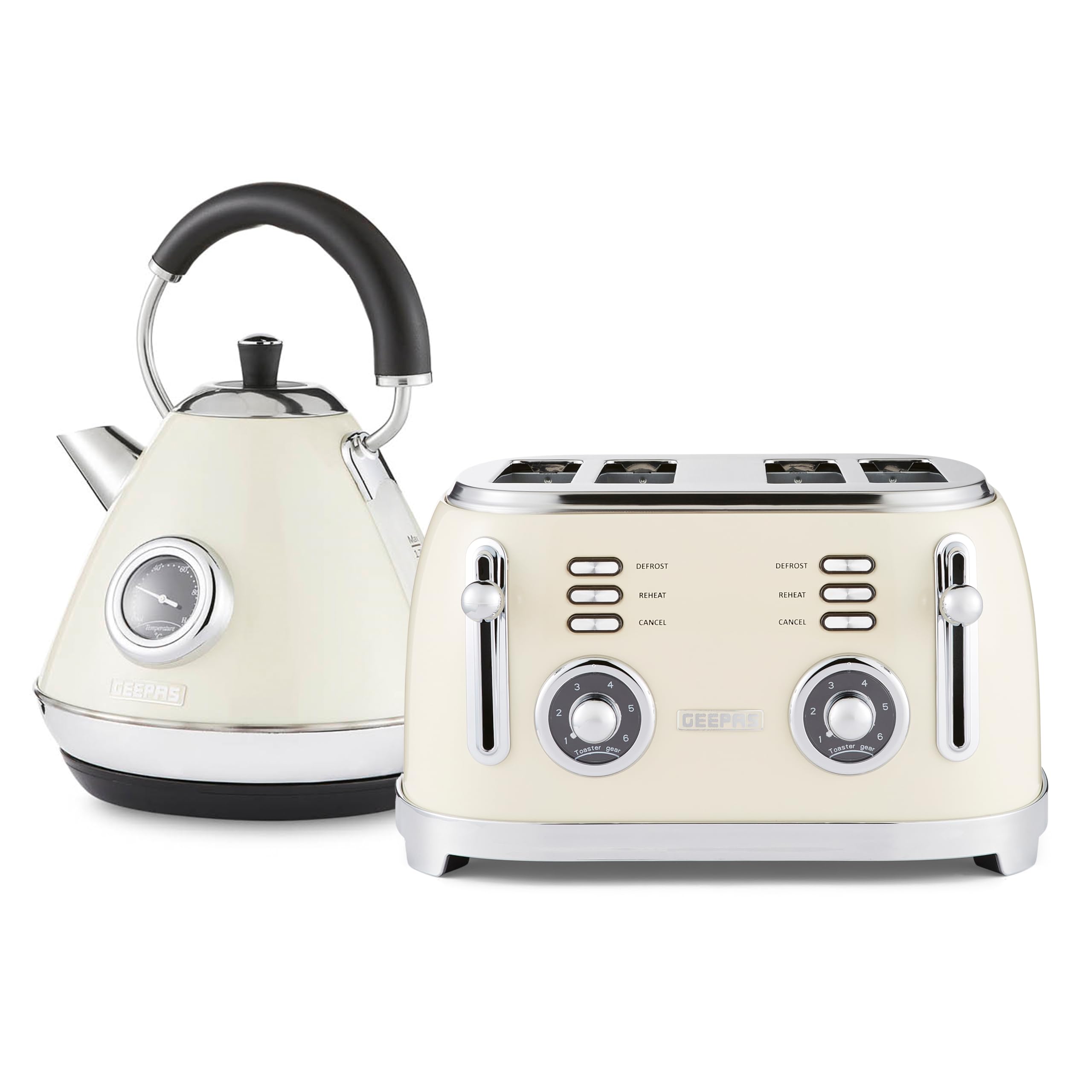 GEEPAS Retrovive 1.7L Electric Kettle & 4 Slice Bread Toaster Kitchen Combo Set | 3000W Vintage Cordless Stainless Steel Kettle Auto Shut-Off, Temperature Gauge | Defrost/Reheat/Cancel 1500W | Cream
