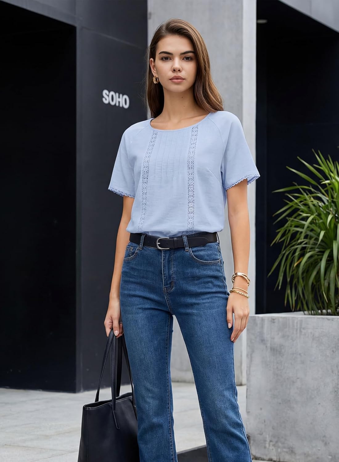 Dokotoo Women's Tops Casual Scoop Neck Short Sleeve Hollow Out Shirts Loose Tunic Tops Blouses - Image 2