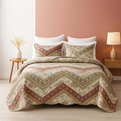 DaDa Bedding - Juego de colcha bohemia acolchada con estampado floral, rústico, rojo arándano, salvia, verde, cheurón, cachemira, filigrana, bordes