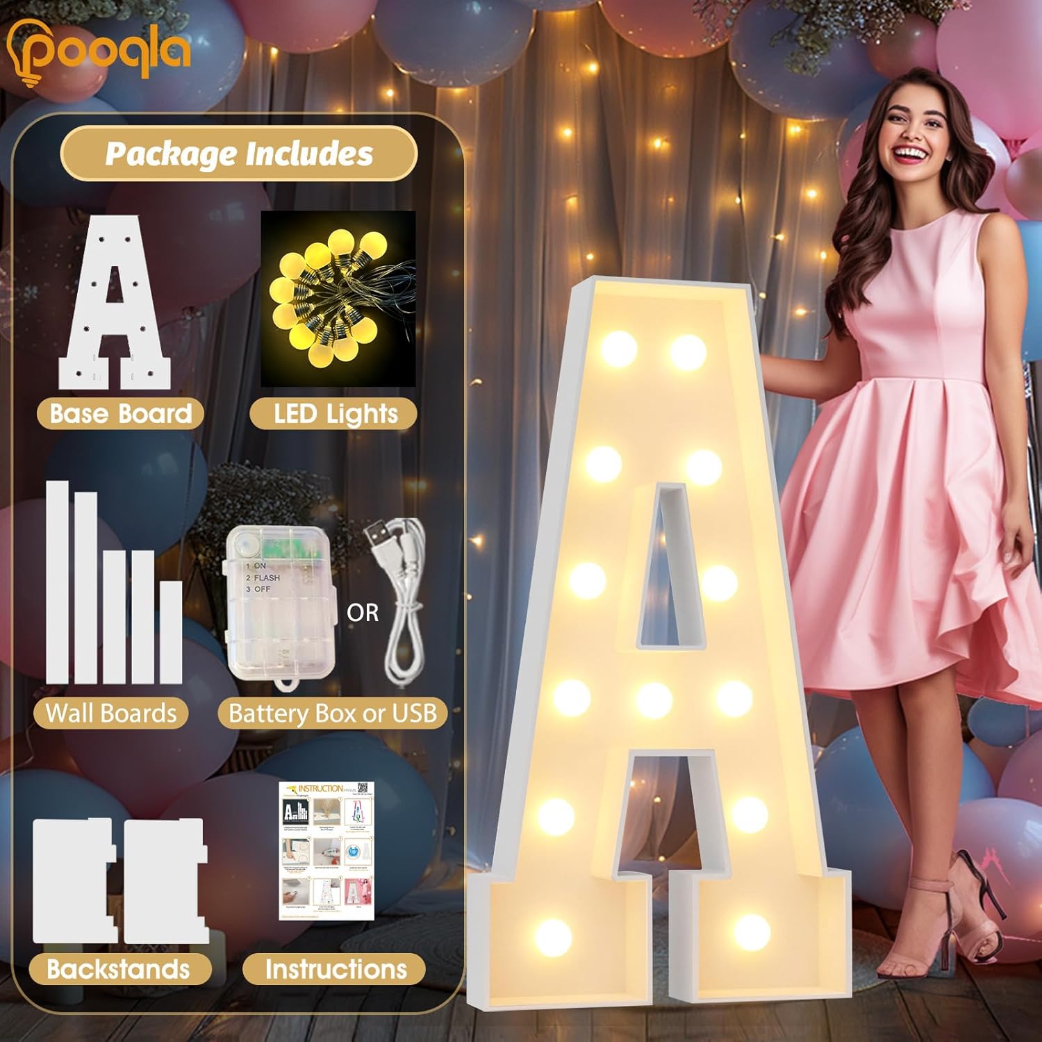 Pooqla 4 FT Marquee Light Up Letters, Marquee Letters 4 Feet Tall, Giant Mosaic Light Up Letter Sign for Birthday Party Baby Shower Homecoming Wedding Decorations, Big Letter A - Image 2