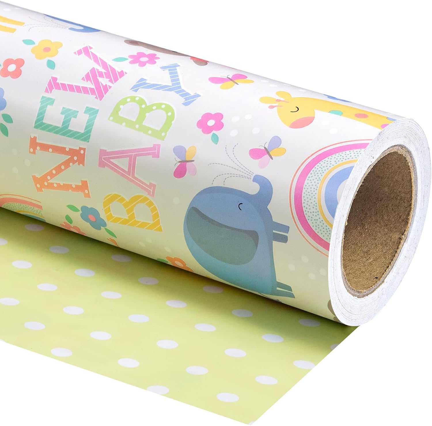 WRAPAHOLIC Jumbo Reversible Baby Shower Wrapping Paper - 30 Inch x 100 Feet - Animals & New Baby Design for Neutral Baby Shower, Boys Girls Kids Birthday