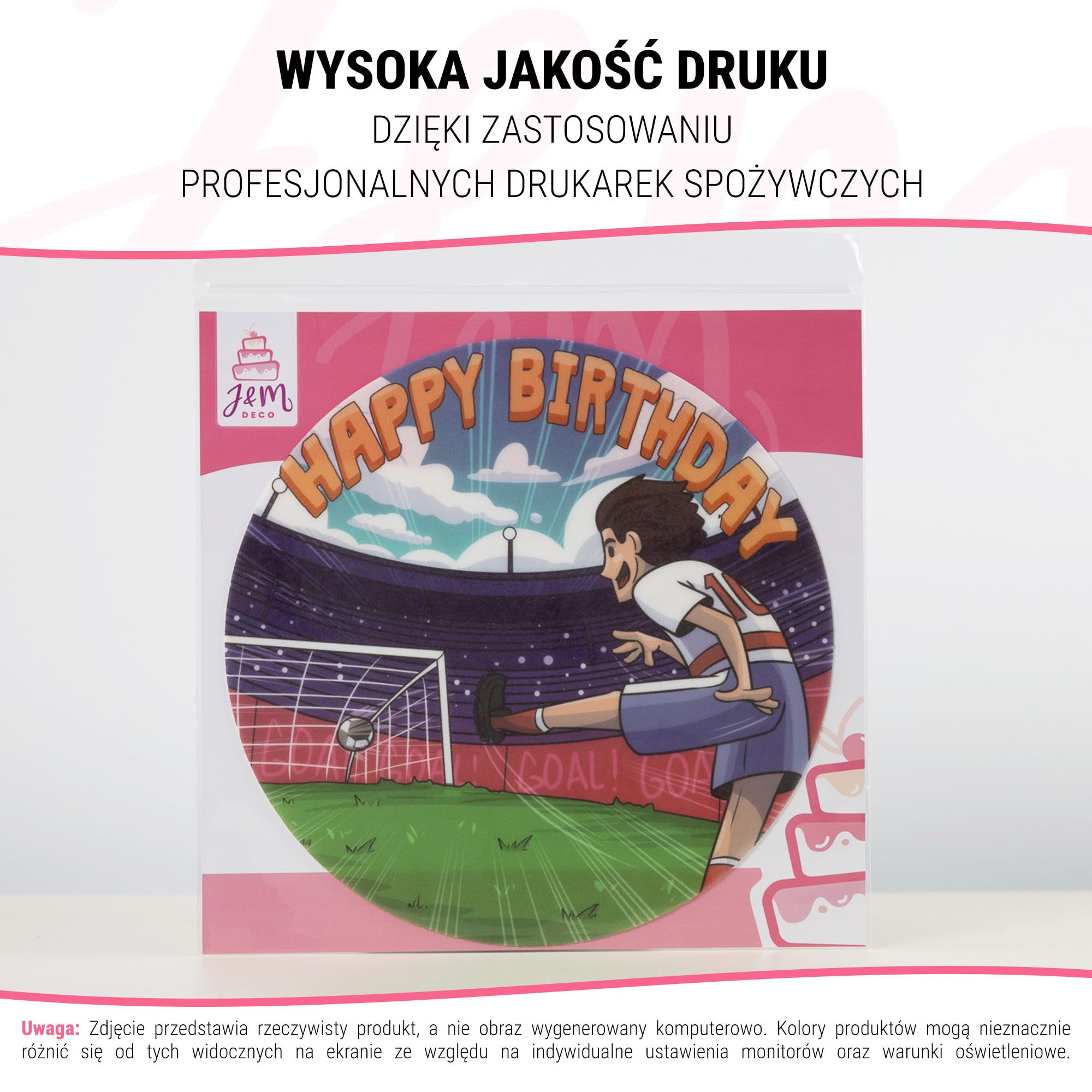 J&M DECO Opłatek na tort Piłka Nożna Ø20 cm – jadalna dekoracja piłkarska na urodziny chłopca i dziewczynki – topper tortowy futbol – bezglutenowy i wegański