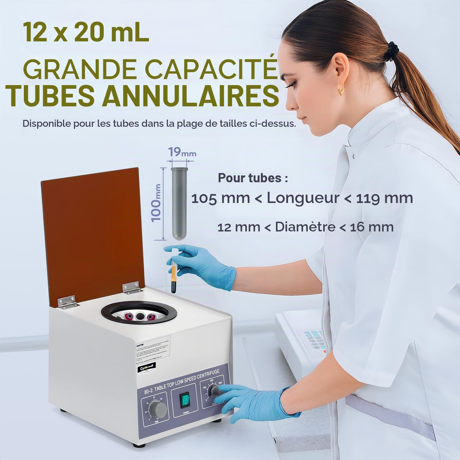CGOLDENWALL Centrifugeuse Laboratoire Professionnelle Électrique Médicale 12x20ml 4000rpm avec Minuterie 0-120 Mins Vitesse Réglable 220v