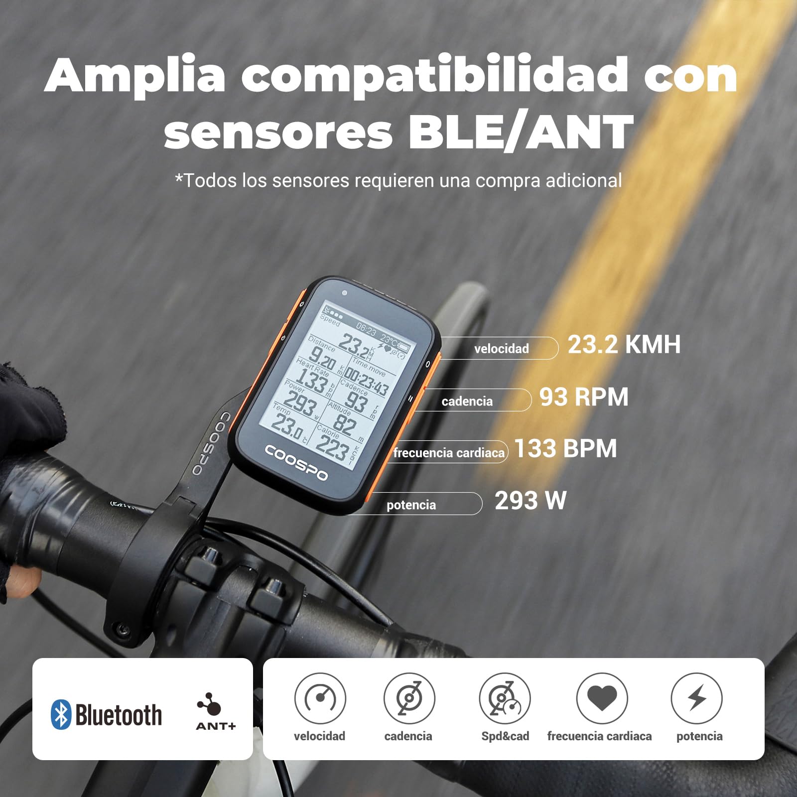 COOSPO Ciclocomputador GPS Computadora Bicicleta Inalámbrica Ordenador de Ciclismo Pantalla LCD de 2.6 Pulgadas por Impermeable Bicicleta de Carretera MTB Bicicleta