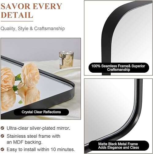 Miniatura 6 de ANDY STAR Espejo de pared para baño, espejo de baño negro mate de 30 x 36 pulgadas, espejo rectangular de esquina redondeada con marco de metal