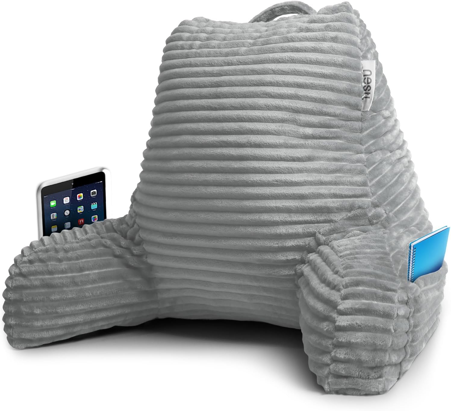 Nestl Reading Pillow with Shredded Memory Foam, Luxe Cut Plush Back Pillow for Sitting Up in Bed, Back and Arms Adjustable Support for Adult & Teens, Backrest Pillows with Washable Cover Light Grey Standard 18" 08- Light Grey