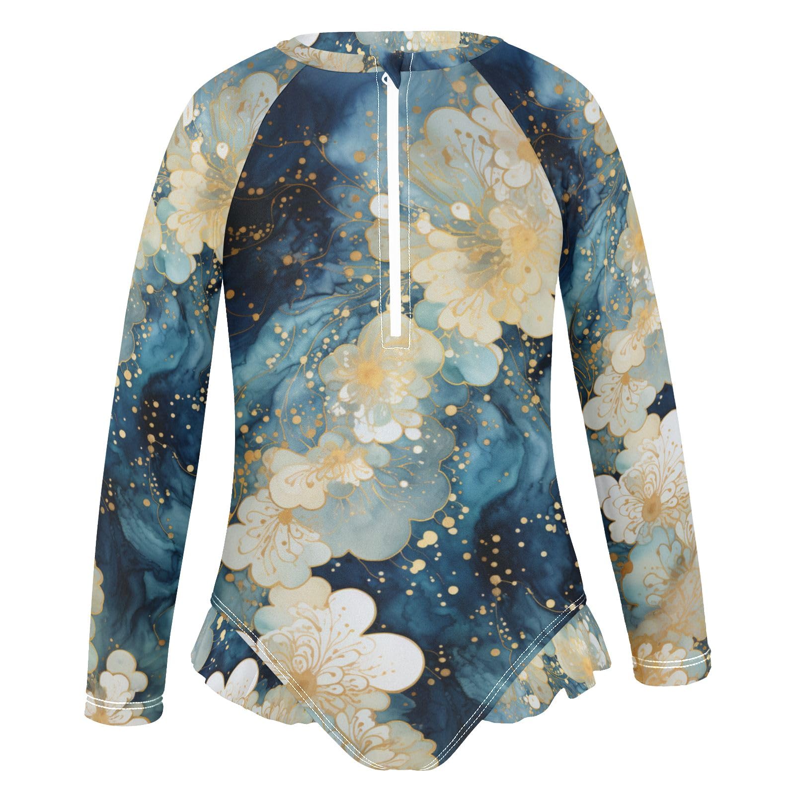ALAZA Swimsuit for Girls Long Sleeve Rashguard Bathing Suit Flower Marble Navy Quick Dry 4T