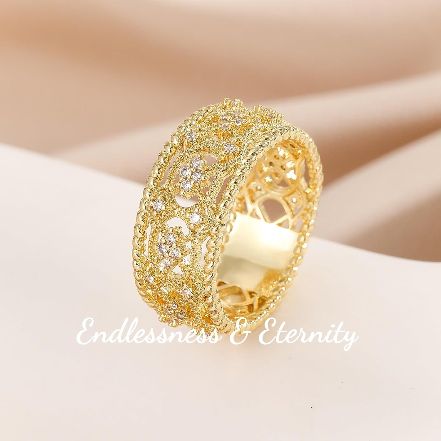 ENDLESSNESS & ETERNITY Vintage Stly Court Style Simulated Diamond 14K Gold Plated Wedding Band Ring Half Eternity Engagement Bridal Ring
