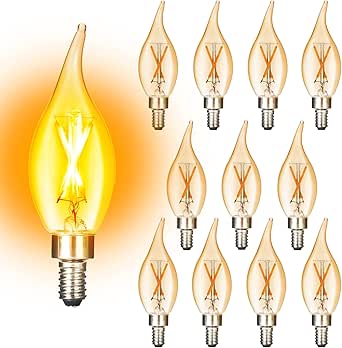 E12 Amber Dimmable Candle LED Bulbs, 40W Equivalent, Flame Tip, Vintage Warm White 2200K, CRI 90+, 12 Pack