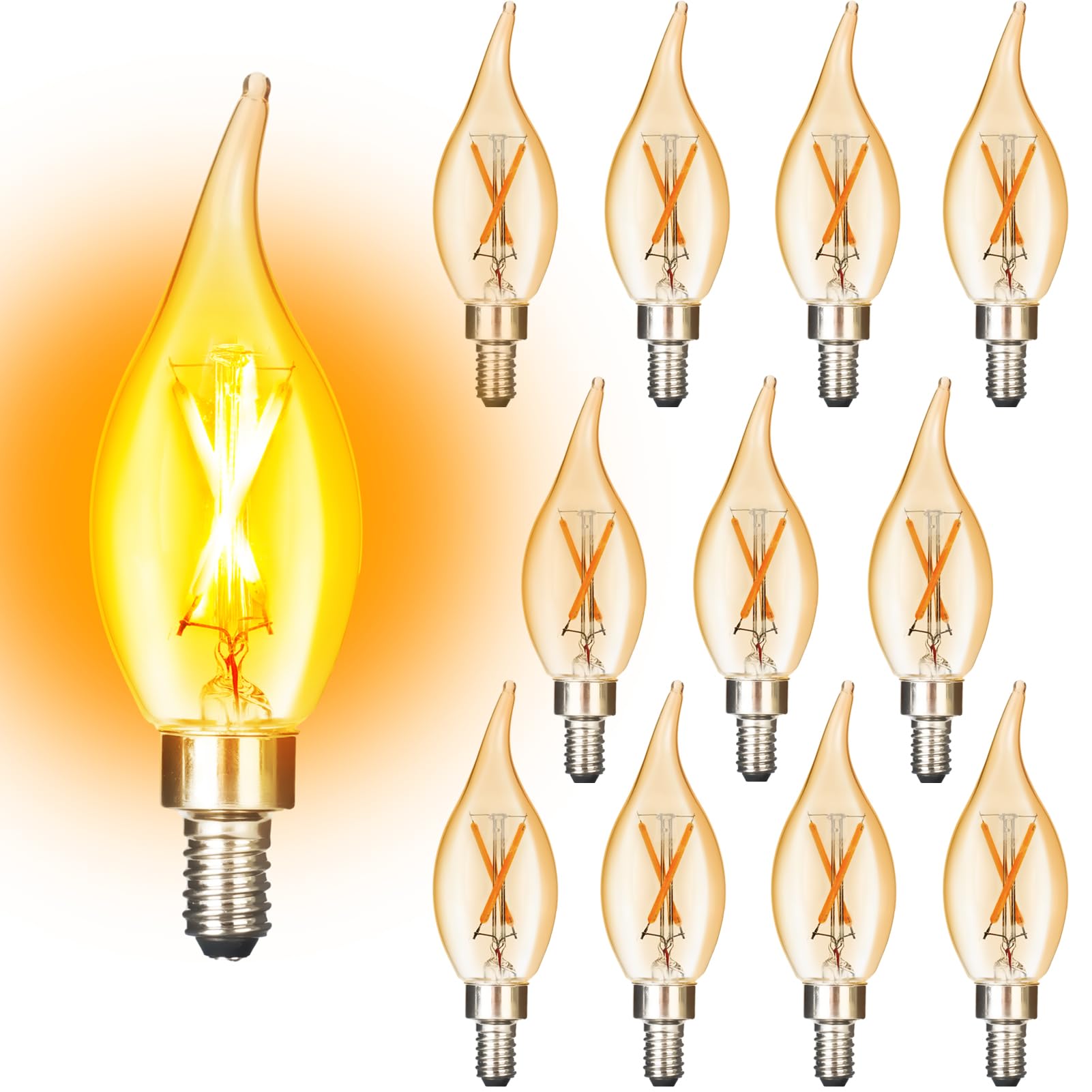CHKADAWA 12 Pack E12 Dimmable Amber Candelabra Light Bulbs, Flame Tip ...
