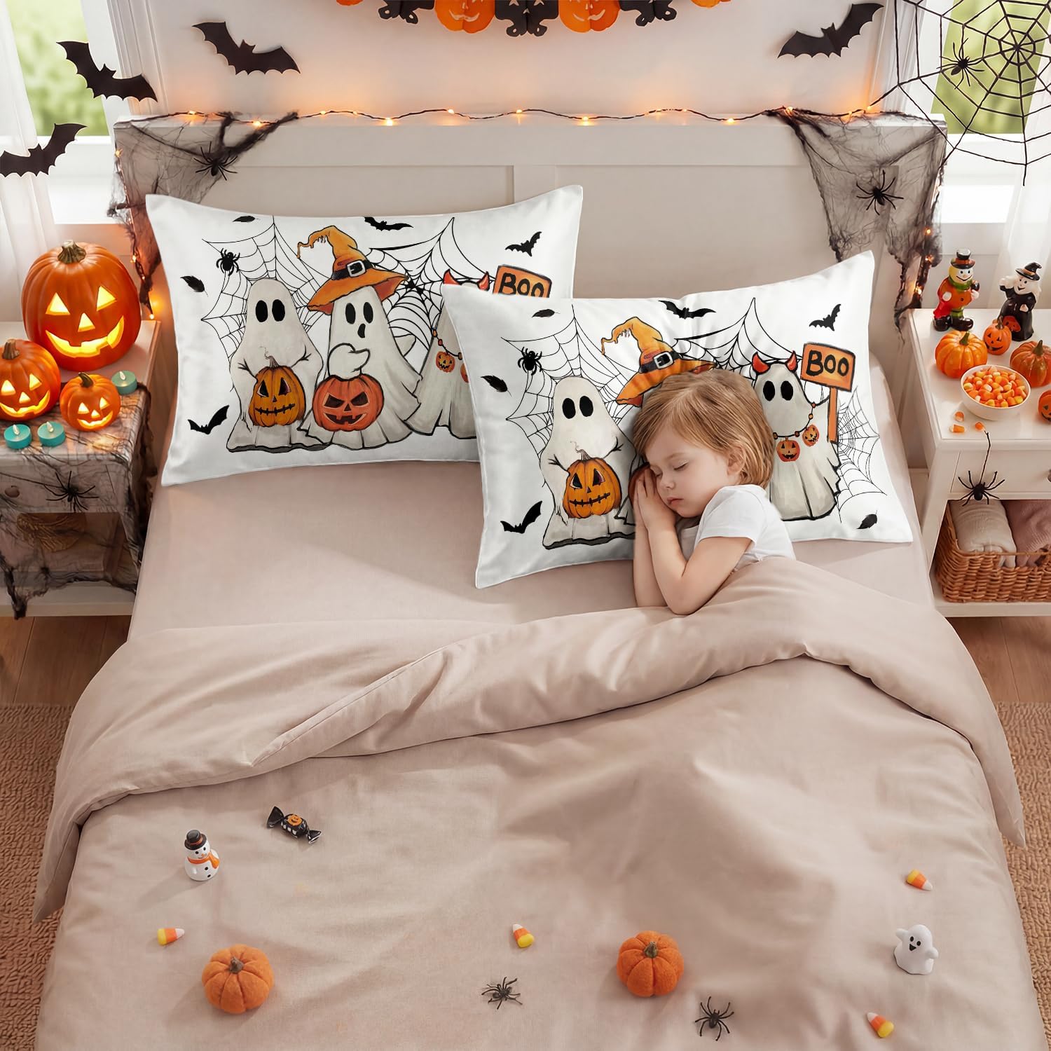 Horaldaily Halloween Ghost Spiderweb Standard Size Satin Pillowcases 2PCS