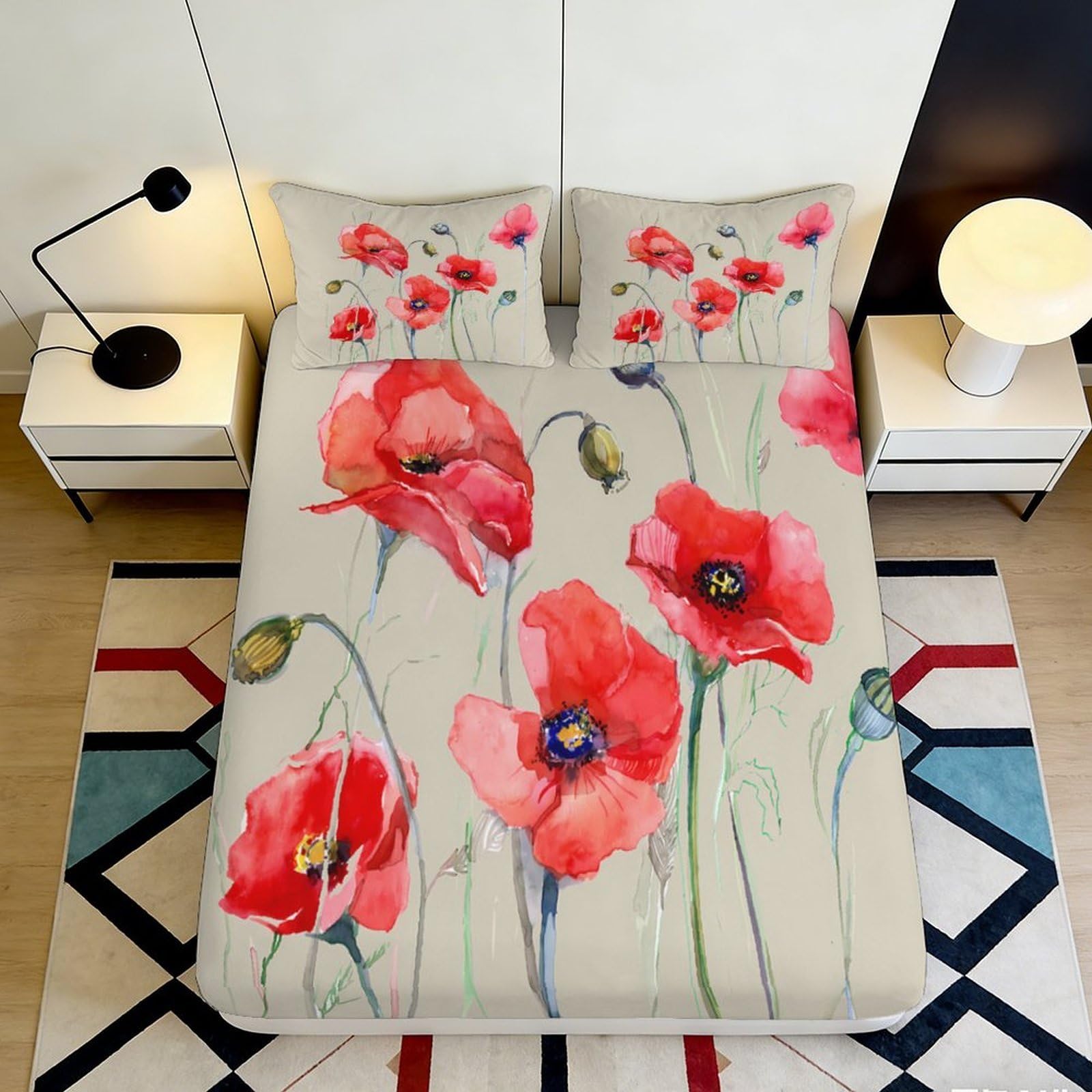 Pnayamiorkfel Style-4 3D Printed Red Poppy Flower Fitted Sheet Microfiber Soft Breathable Wild Meadow Bed Cover For Bedroom Guest Room Decor 90X200x25cm