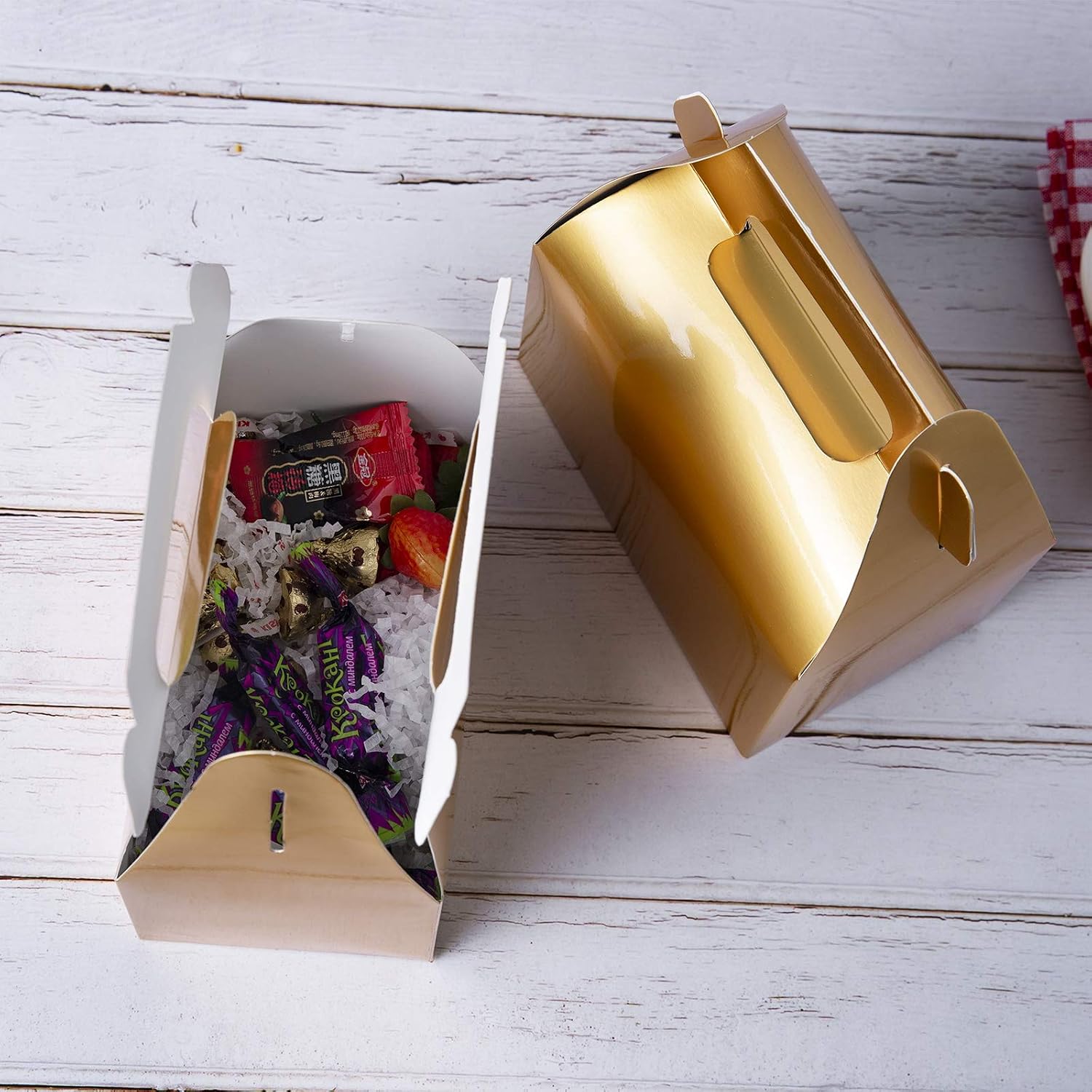 ONE MORE 25-Pack Gable Gold Candy Treat Boxes,Small Goodie Gift Boxes for Wedding and Birthday Party Favors Box 6.2 x 3.5 x 3.5 inch