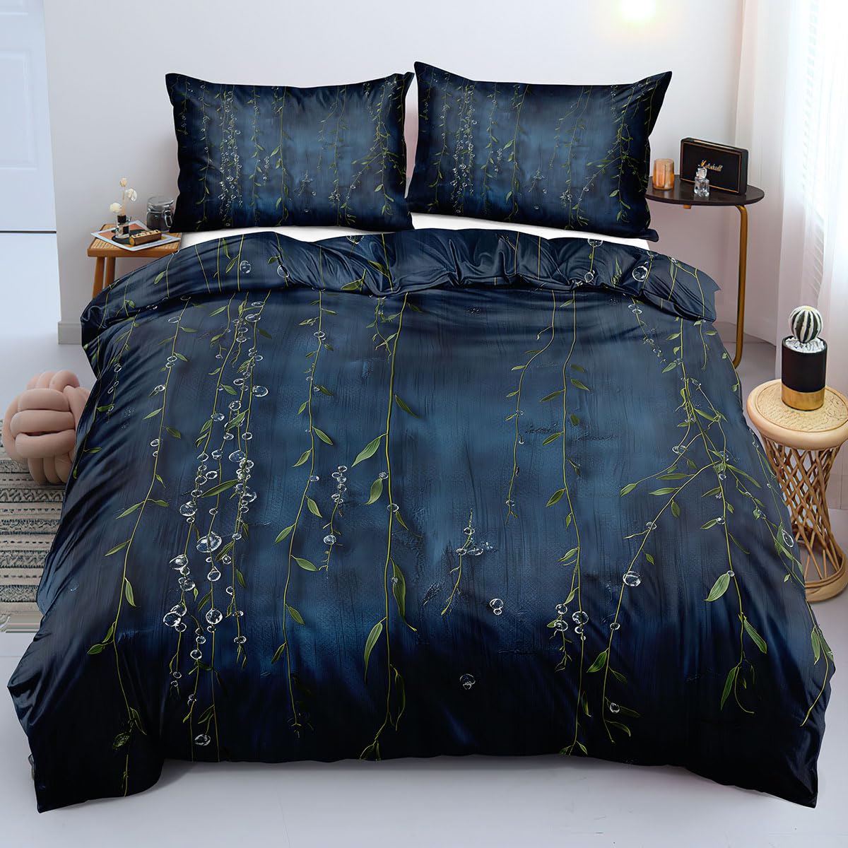 Housse de couette 140x200 cm avec fermeture éclair imprimé feuilles vertes