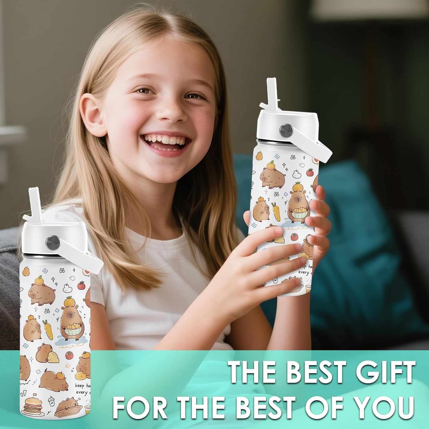 Capybara Gifts for Kids - 16oz Capybara Water Bottle with Straw Lid, Stainless Steel Insulated Bottle, Leak Proof, BPA-Free, Capybaras Cup for School, Travel, Kawaii Gift Cup Children Birthday(1pc) - Image 8