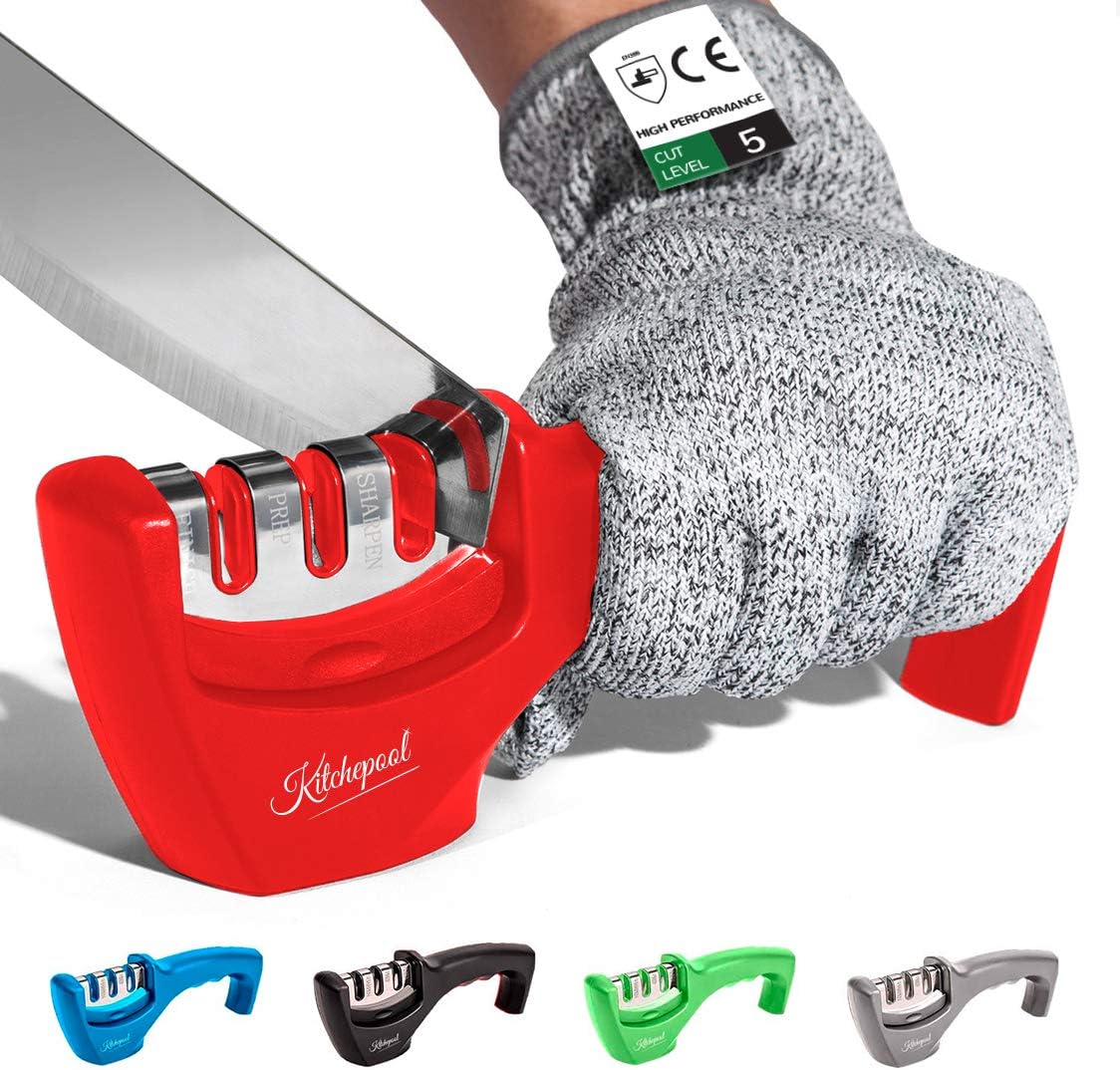 Knife Sharpener 3-Slot Quality Kitchen Knife Accessories to Repair, Grind, Polish Blade, Professional Knife Sharpening Tool for Kitchen Knives, Easy Manual Sharpener with Cut-Resistant Glove
