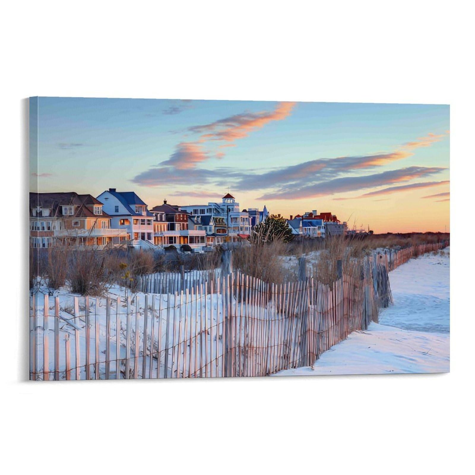 CPLVKWRQJ Snowy Beach Houses Single Piece Beach Houses Sunset Wooden Fence Shore Canvas Wall Hanging - Nursery Space Saving Removable Ready to Hang Decor 20x30inch(50x75cm)