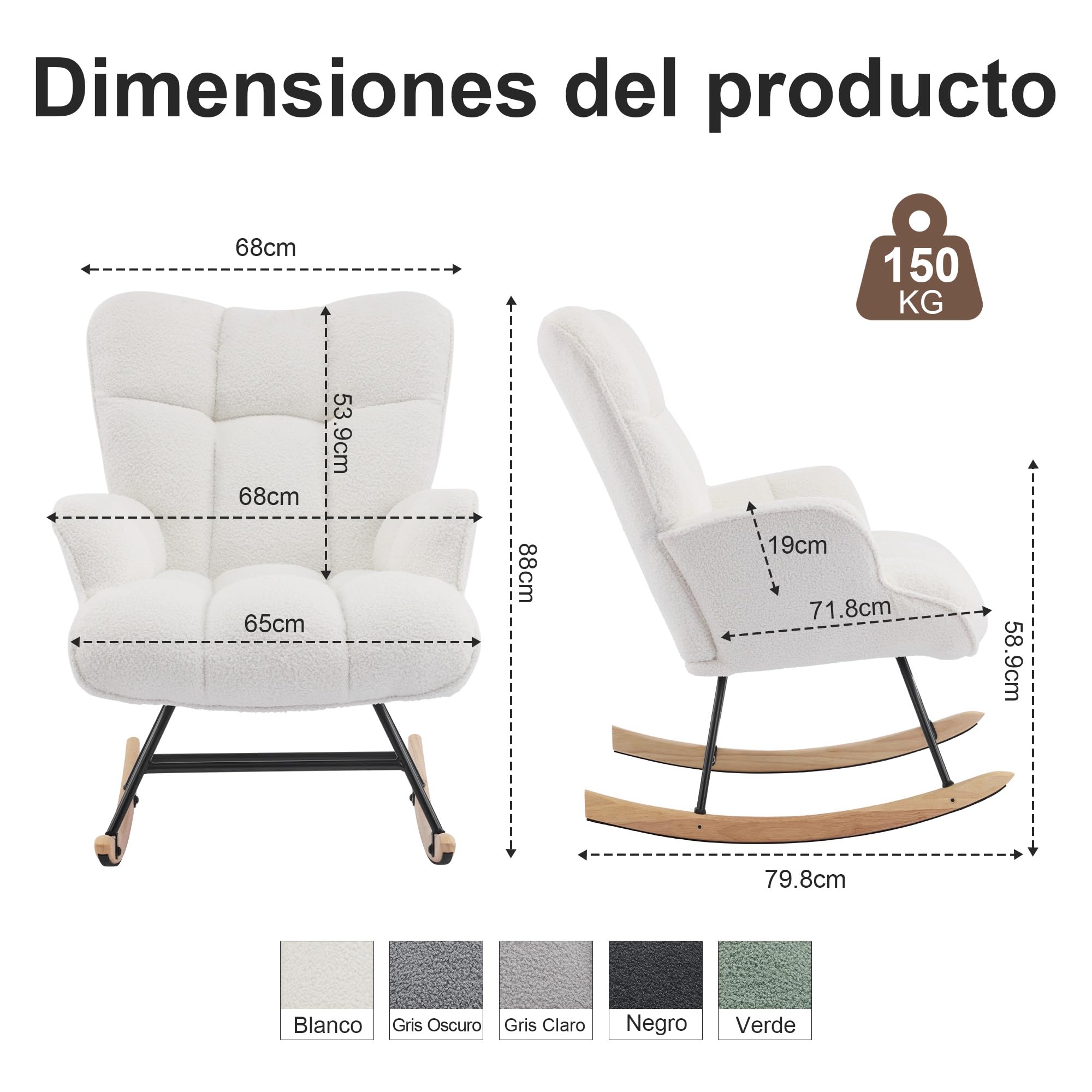 Silla Mecedora para Lactancia, Sillón Balancín Teddy Tapizado en Peluche Suave con Base de Madera Silla de Relax Cómoda con Brazos para Sala, Dormitorio y Habitación Infantil Blanca