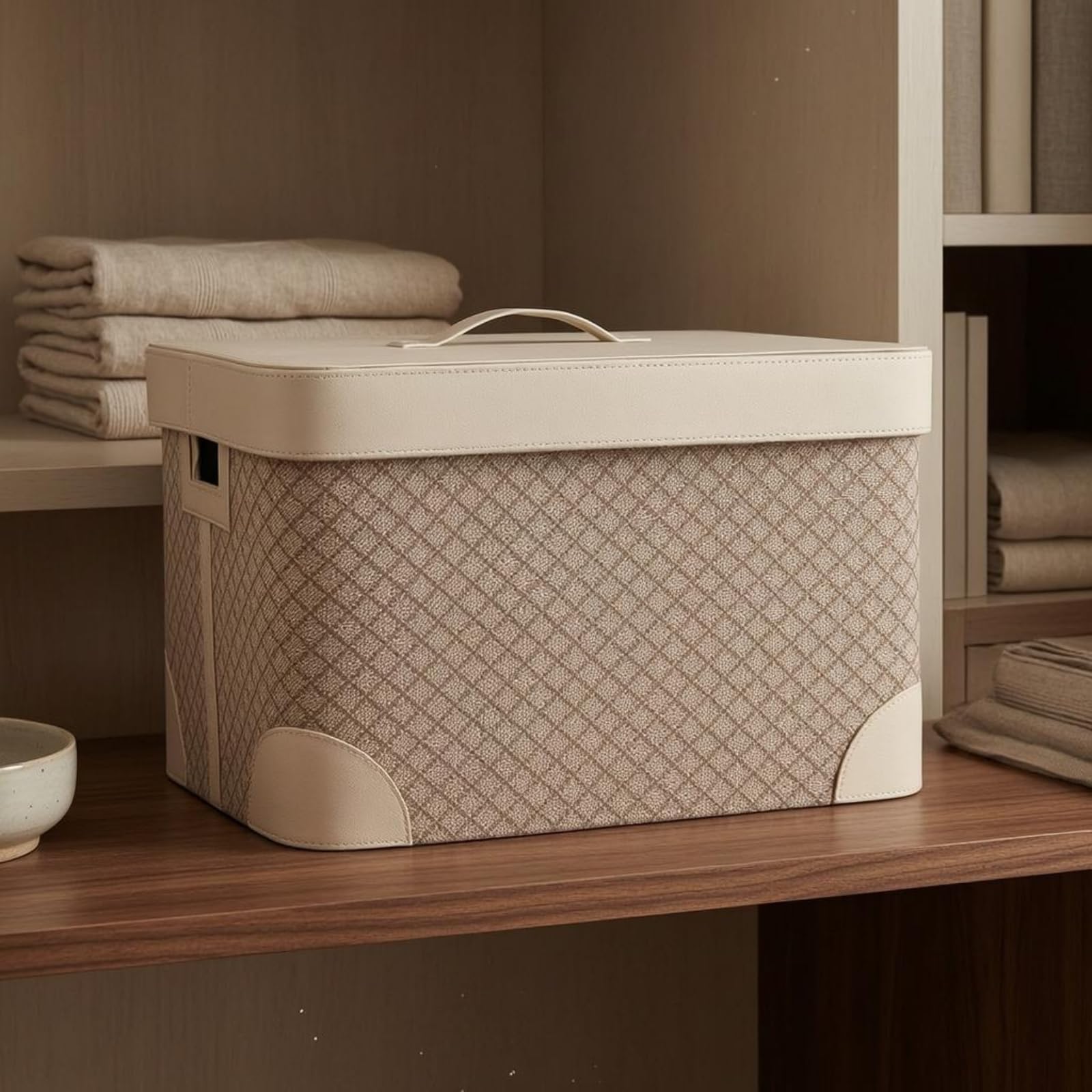 Contenedor de Almacenamiento Caja Organizador Rectangular con Tapa y Asa Cuerpo Tejido con Exterior en Piel Esquinas con Refuerzo Visible Adecuado, Marrón Pequeño