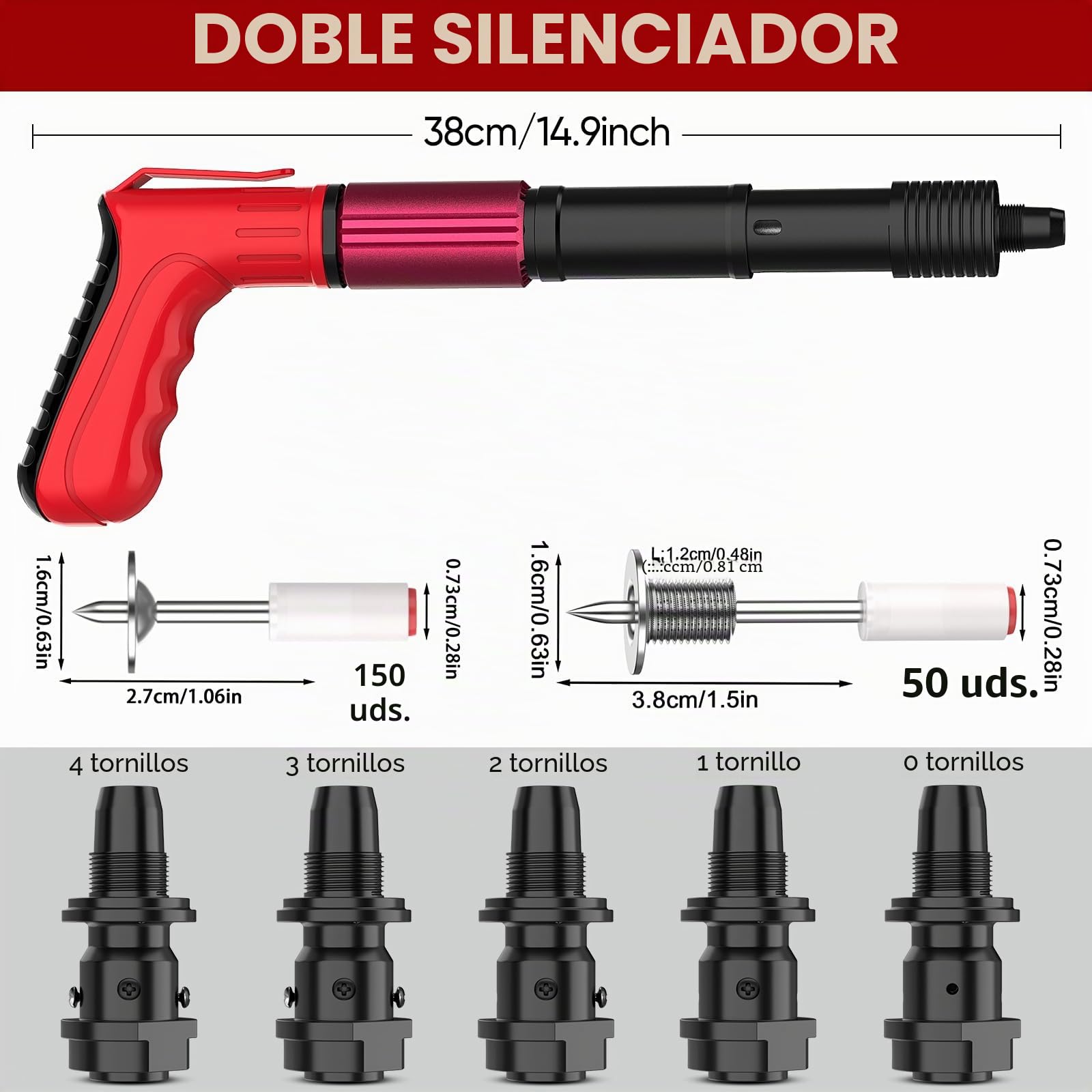 Pistola de clavos manual, mini pistola de clavos para hormigón, 5 velocidades, con 150 clavos redondos, 50 clavos para tornillos, pistola de clavos silenciosa para paredes de ladrillo, trabajo en