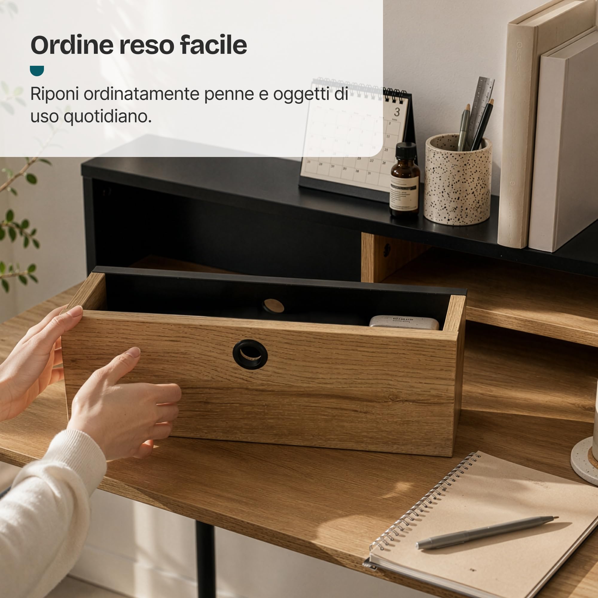 [en.casa] Scrivania con Organizzatore 93x90x50 cm Nero/Effetto Rovere