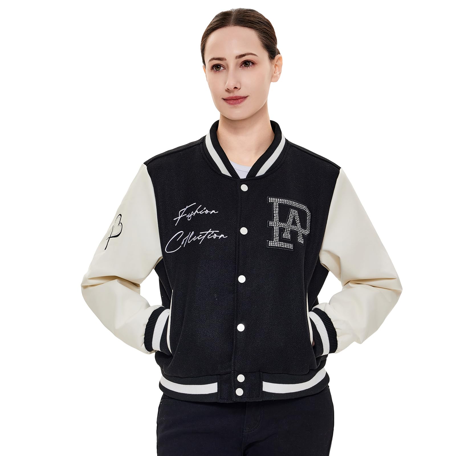 Veste universitaire en cuir synthétique pour femme, coupe ajustée, décontractée, légère