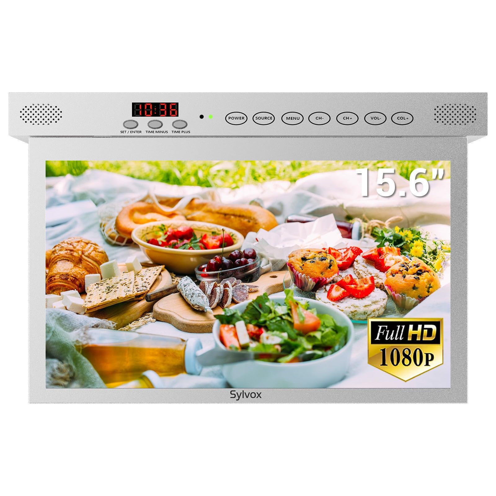 SYLVOX15.6 inch Smart Kitchen TV, 1080P Under Cabinet Flip Down & Rotated.android.tv with Chromecast WiFi Bluetooth for Kitchen, Bedroom, Campervan (Silver)
