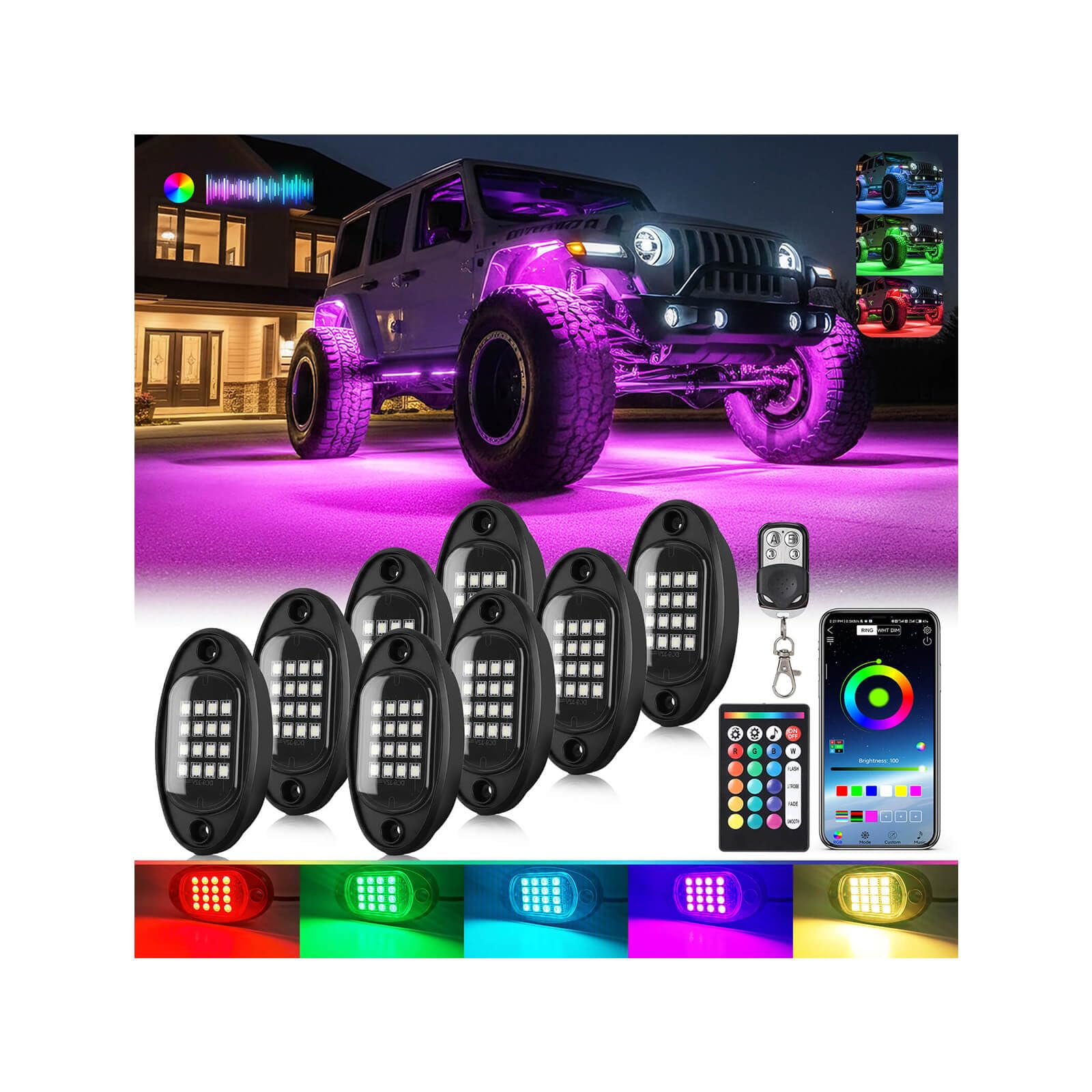 LD DARKEAGLE 8Pods RGB LED Rock Lights kit components