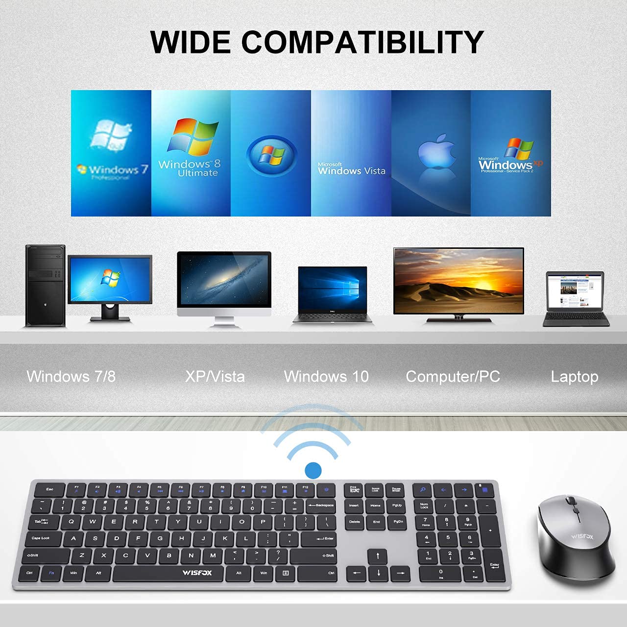 WisFox Wireless Keyboard and Mouse, Lag-Free Ultra Slim Keyboard with Silent Keys, Smart Sleep Mode, Ergonomic Cordless Mouse Combo with 3 DPI for Windows, Computer, Laptop, Mac, PC(Silver and Gray)
