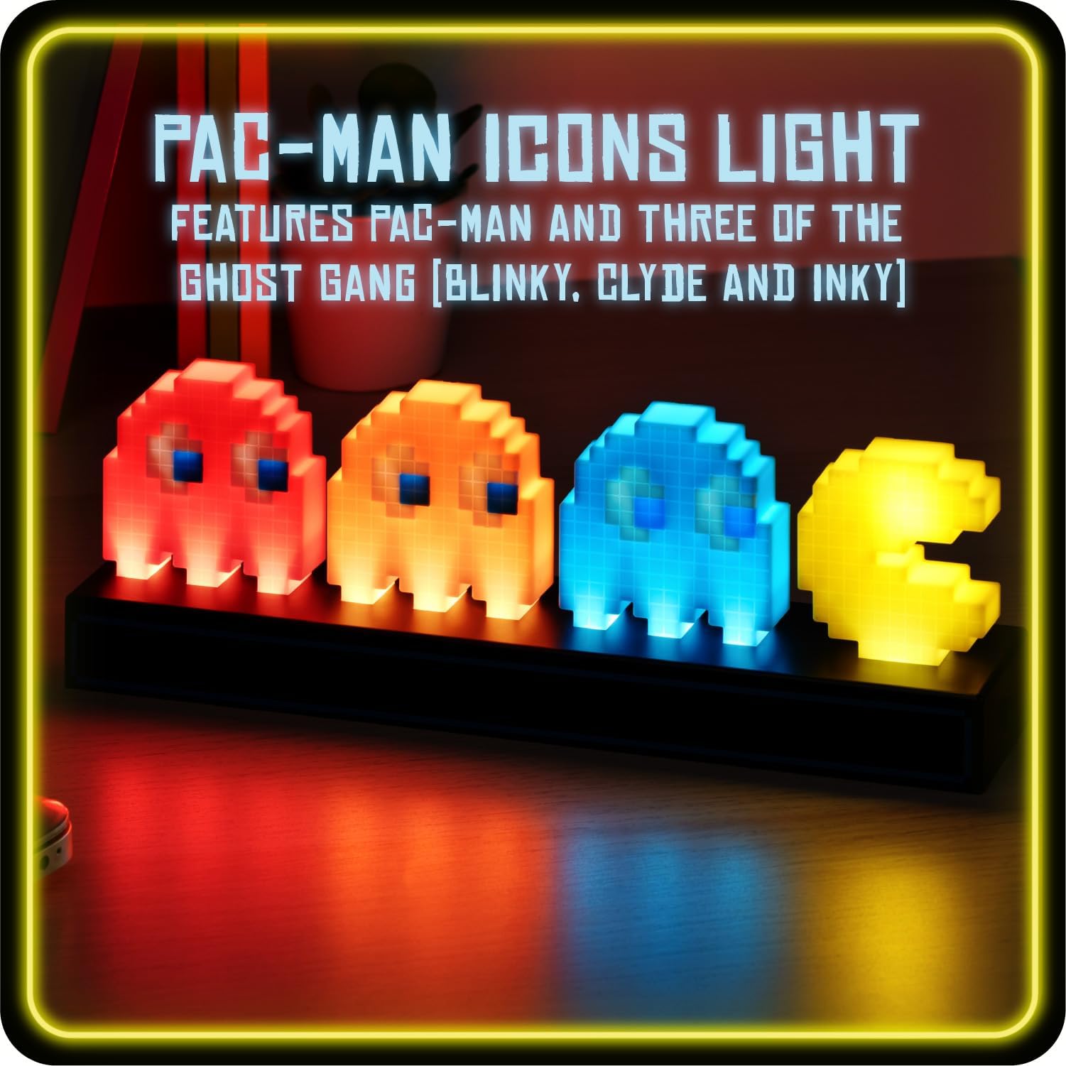 Pac Man & Geister Schreibtischlicht - Offiziell lizenziert, schallreaktiv mit 3 Lichtmodi, betrieben über USB oder Batterie, Gaming-Raum-Deko, Retro-Gamer-Geschenk