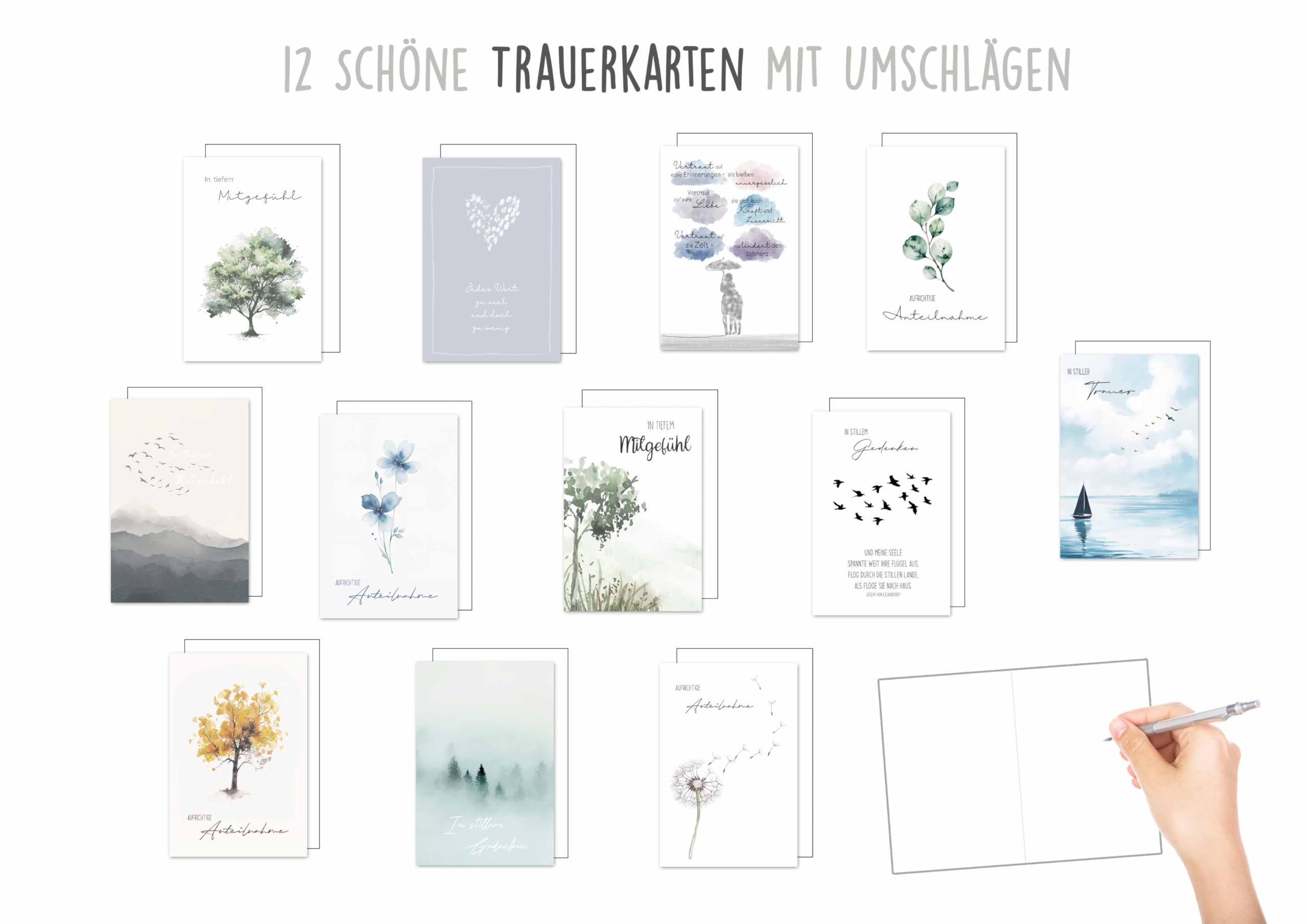 8 Trauerkarten Beileidskarten mit Umschlag mit Text Beileid Klappkarten Beerdigung Trauer Anteilnahme stilvoll weiße zarte Karten mit Blättern Kondolenz Kondolenzkarten zum Abschied