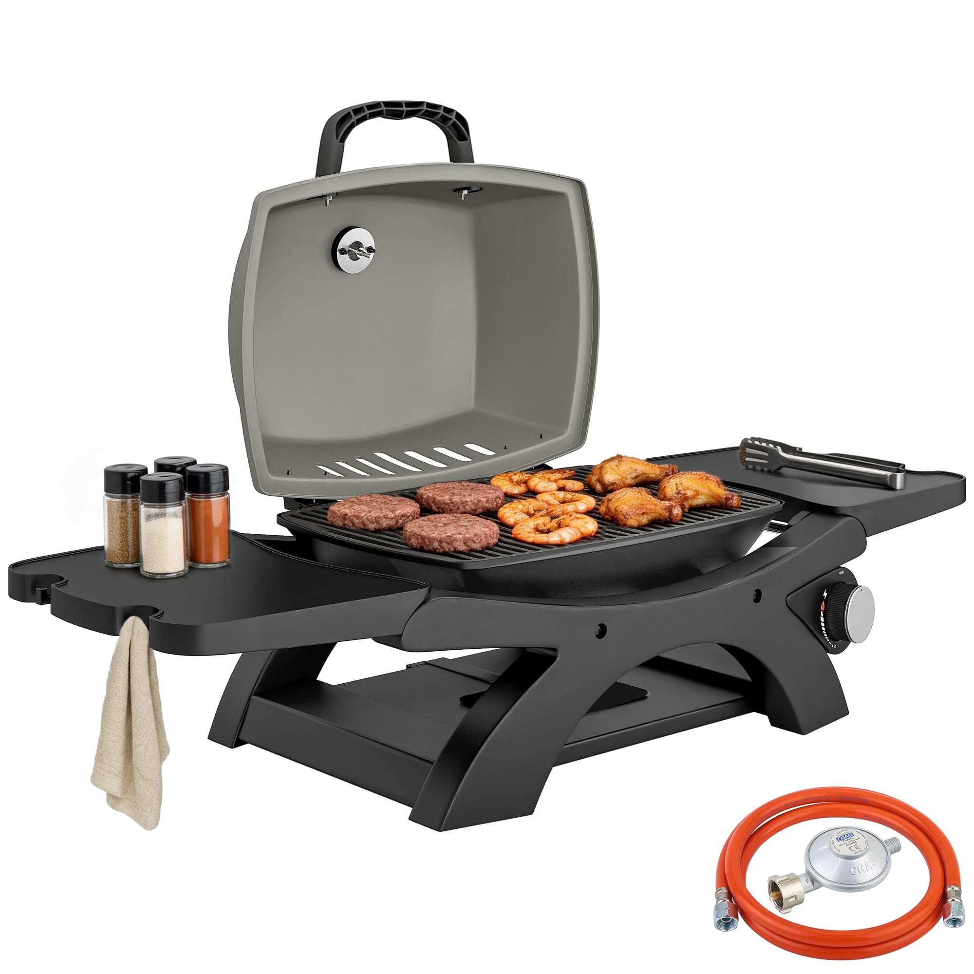 Outsunny Barbecue à gaz portable de 3,3 kW avec 1 brûleur, tables latérales pliables en fonte, grilles de cuisson en fonte, bac récupérateur de graisse, thermomètre, crochet, barbecue à gaz de table