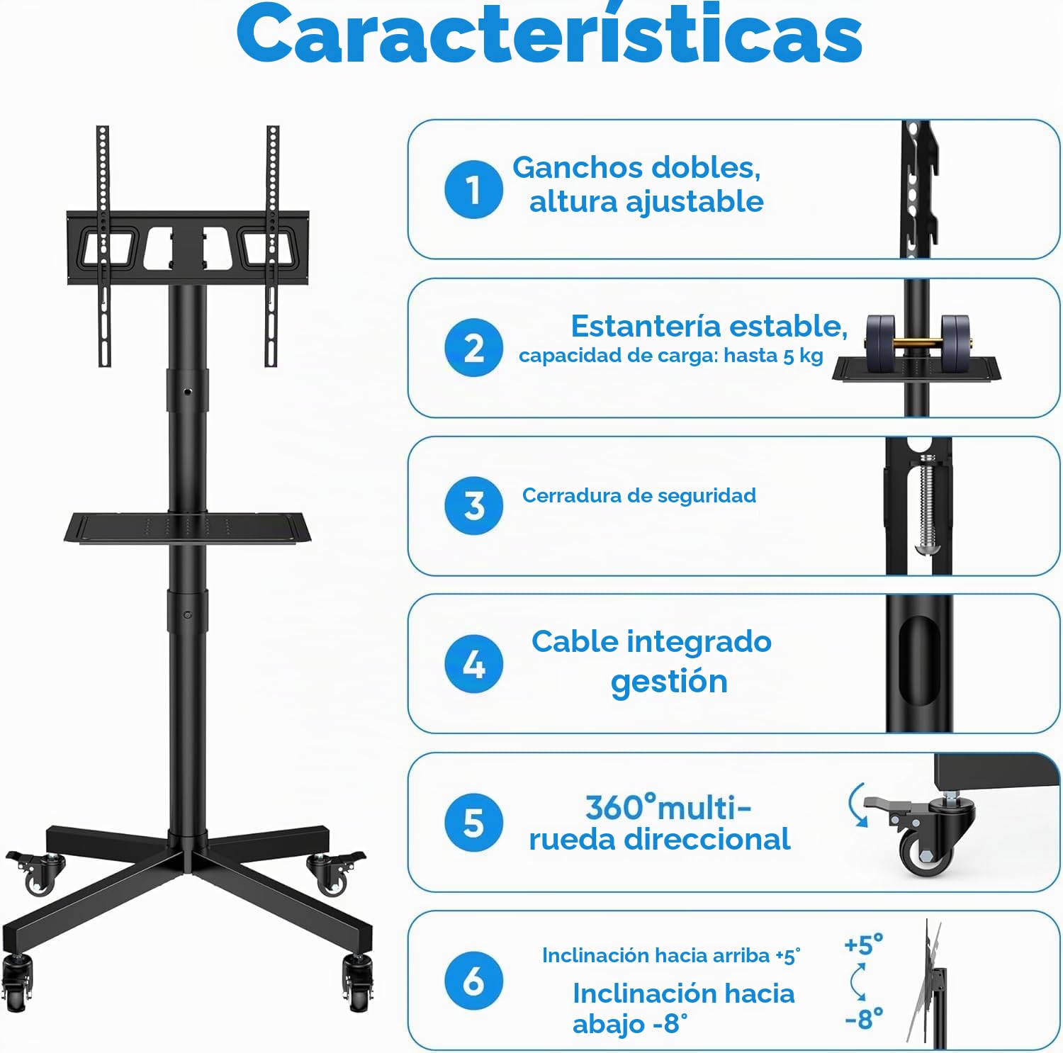FORGING MOUNT Soporte TV Ruedas para TVs Planos y Curvos de 23-60 Pulgadas, Soporte TV Pie con Ruedas Móvil con Inclinación y Estante para Medios, hasta 45 kg, Máx. VESA 400x400mm
